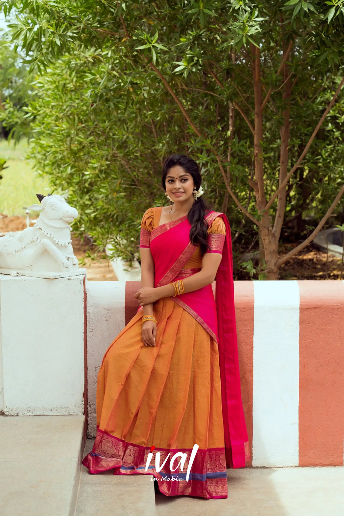 Padmaja - Yellow Ochre And Pink Cotton Halfsaree Half Sarees