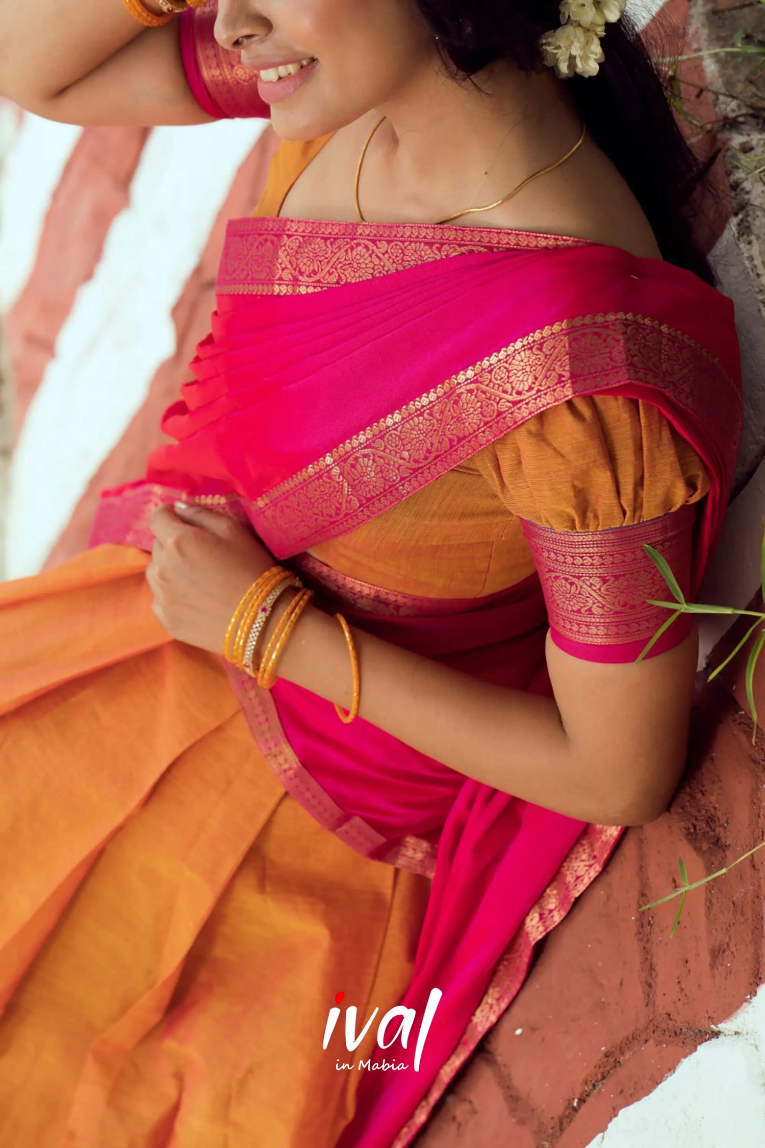 Padmaja - Yellow Ochre And Pink Cotton Halfsaree Half Sarees
