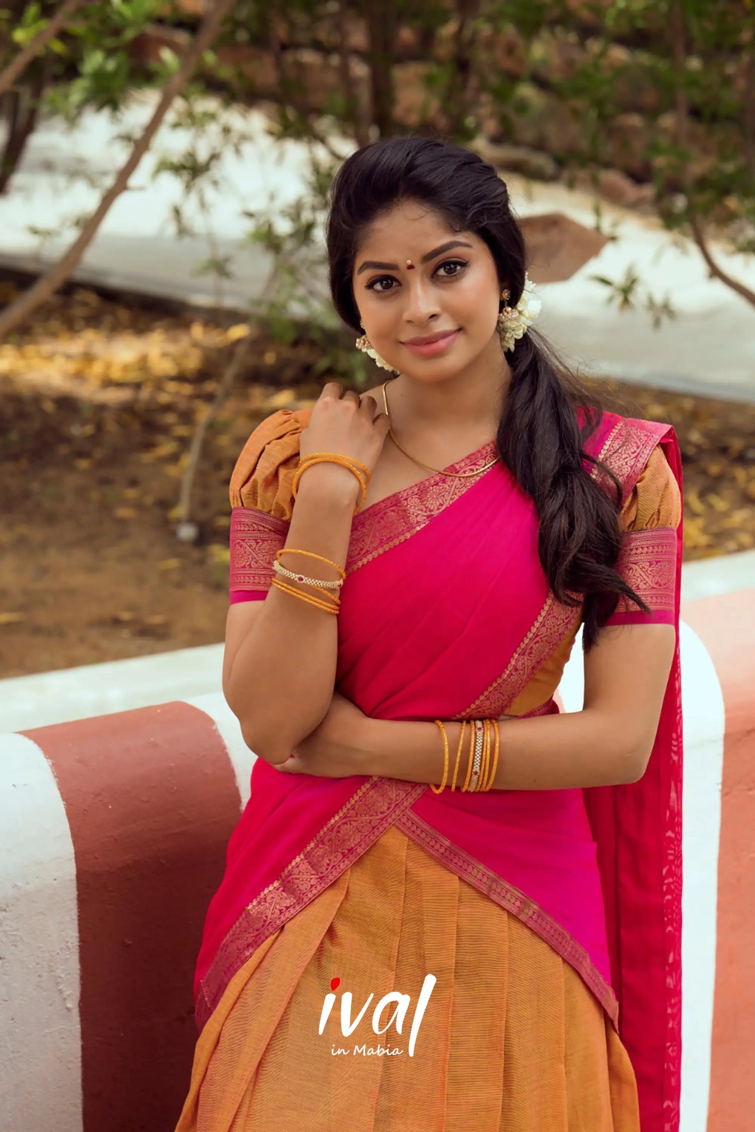 Padmaja - Yellow Ochre And Pink Cotton Halfsaree Half Sarees