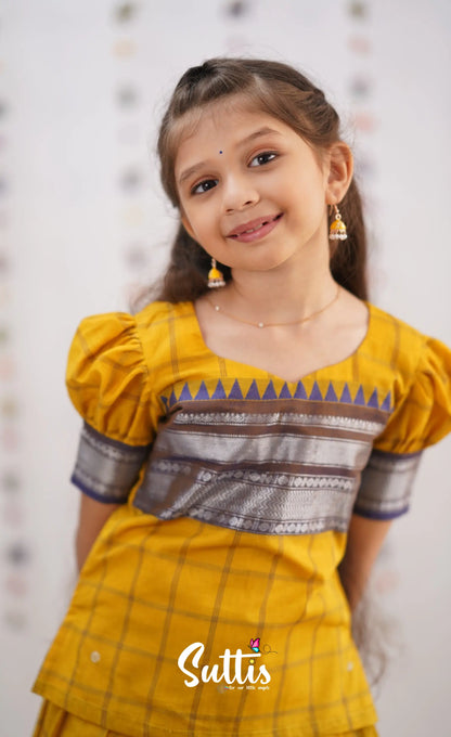 Padmaja Yellow Shade And Dark Purple Tone Cotton Pavadai Sattai Kids-Suttis