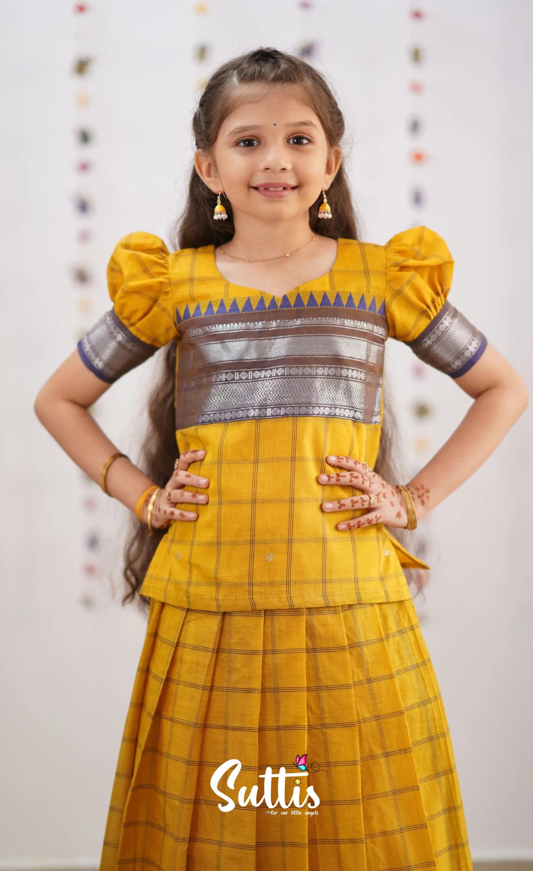 Padmaja Yellow Shade And Dark Purple Tone Cotton Pavadai Sattai Kids-Suttis