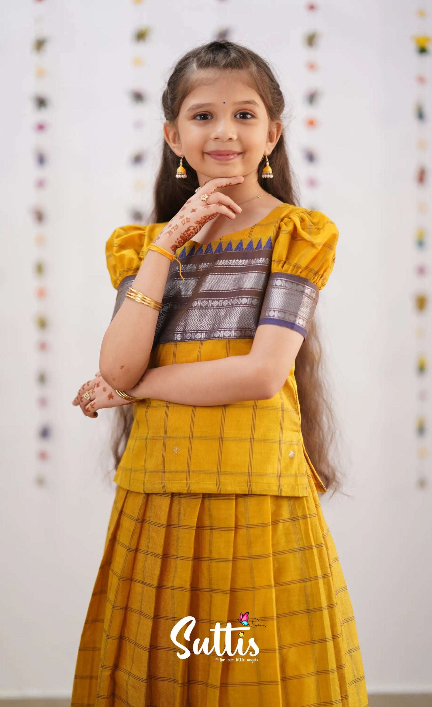 Padmaja Yellow Shade And Dark Purple Tone Cotton Pavadai Sattai Kids-Suttis