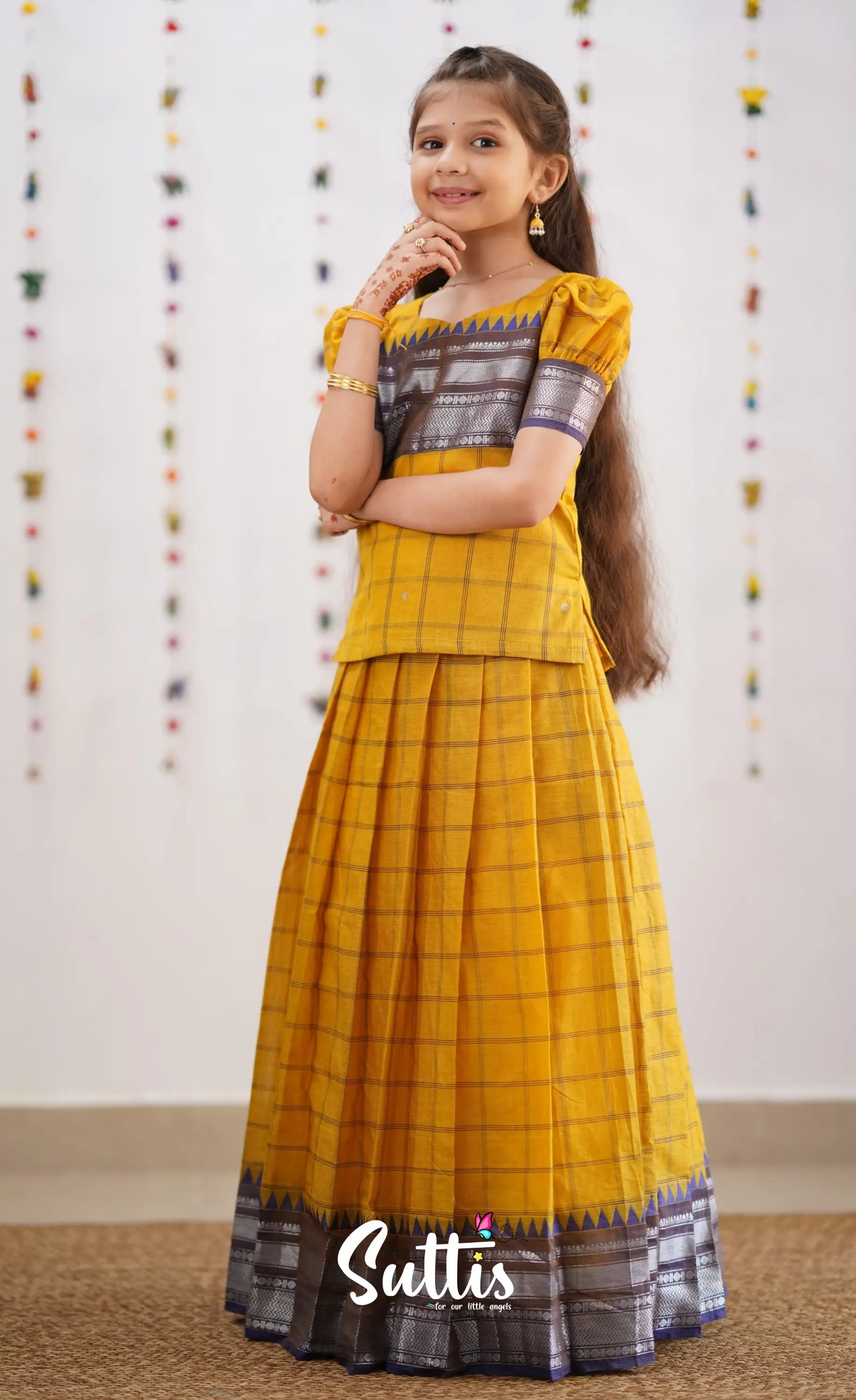 Padmaja Yellow Shade And Dark Purple Tone Cotton Pavadai Sattai Kids-Suttis