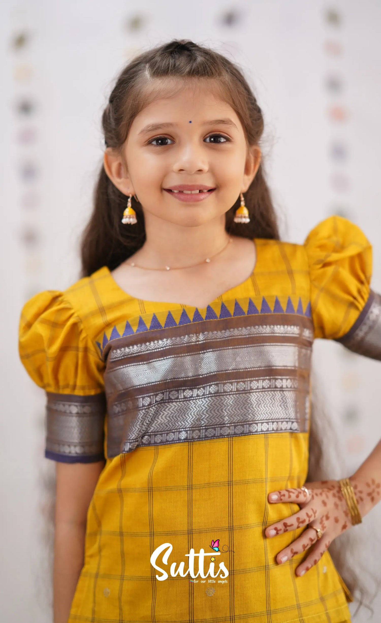 Padmaja Yellow Shade And Dark Purple Tone Cotton Pavadai Sattai Kids-Suttis