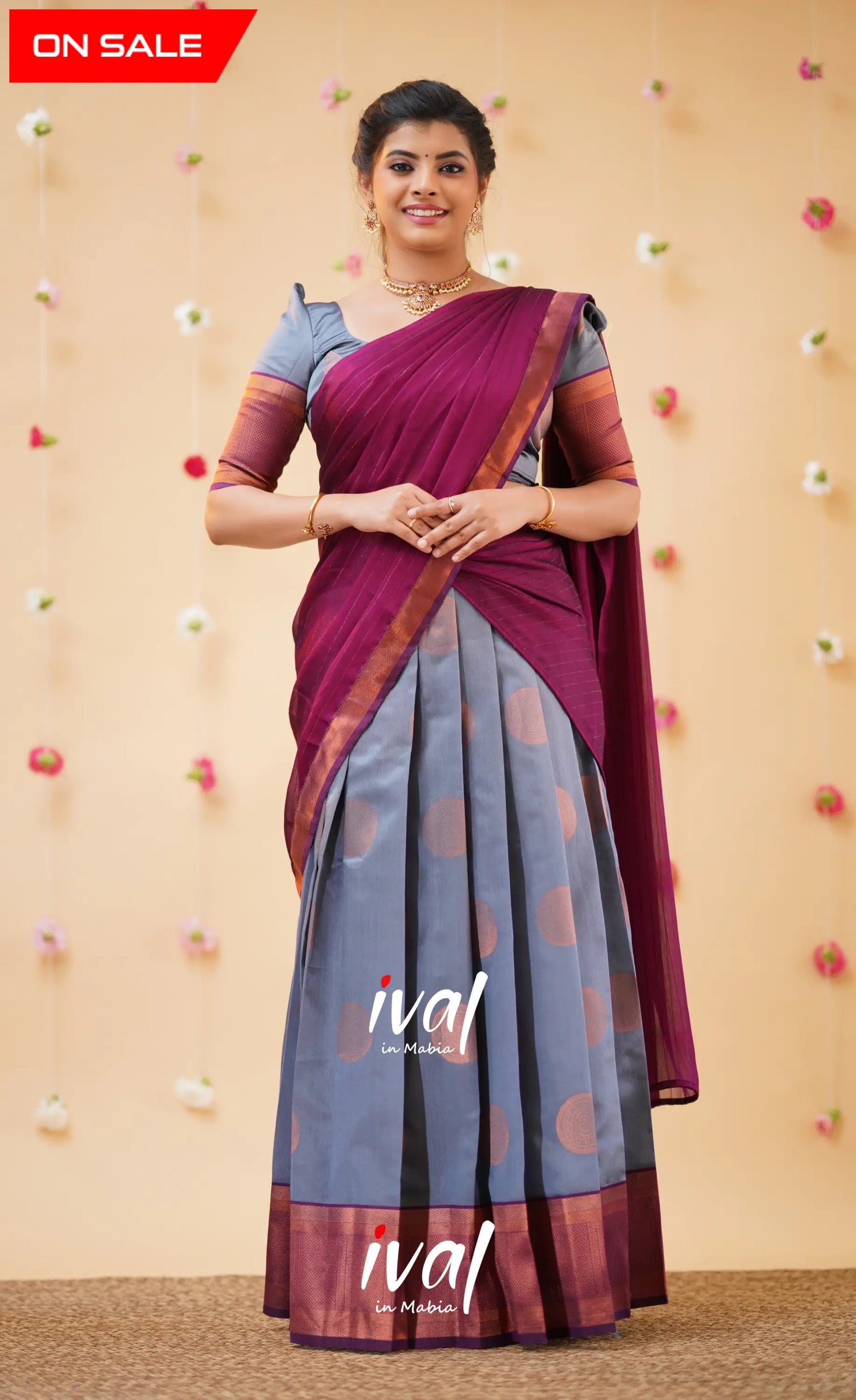 Padmakshi Ash and Magenta Blended Silk Halfsaree - Half Sarees