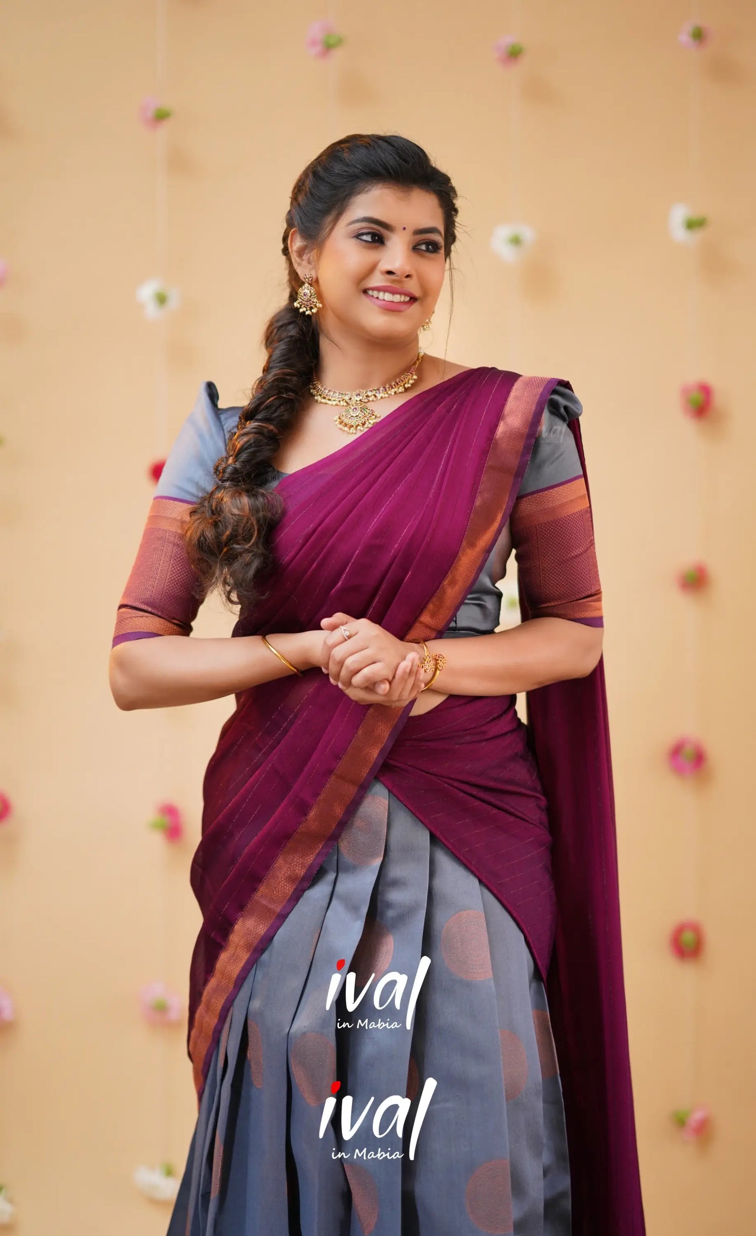 Padmakshi Ash and Magenta Blended Silk Halfsaree - Half Sarees