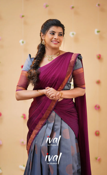 Padmakshi Ash and Magenta Blended Silk Halfsaree - Half Sarees