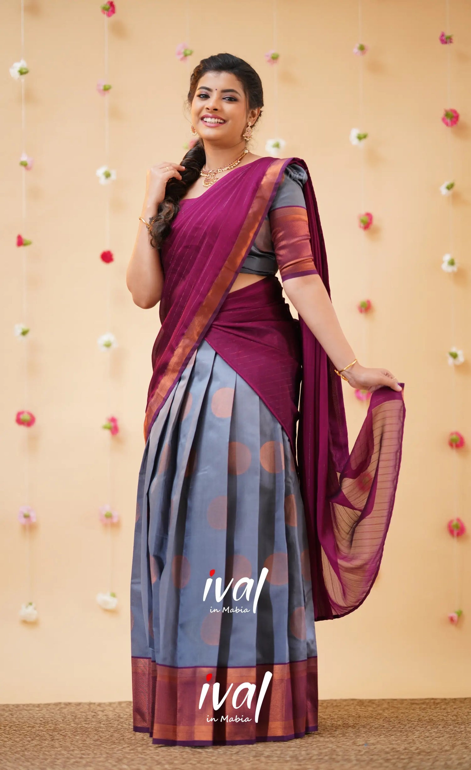 Padmakshi Ash and Magenta Blended Silk Halfsaree - Half Sarees