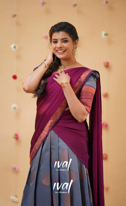 Padmakshi Ash and Magenta Blended Silk Halfsaree - Half Sarees
