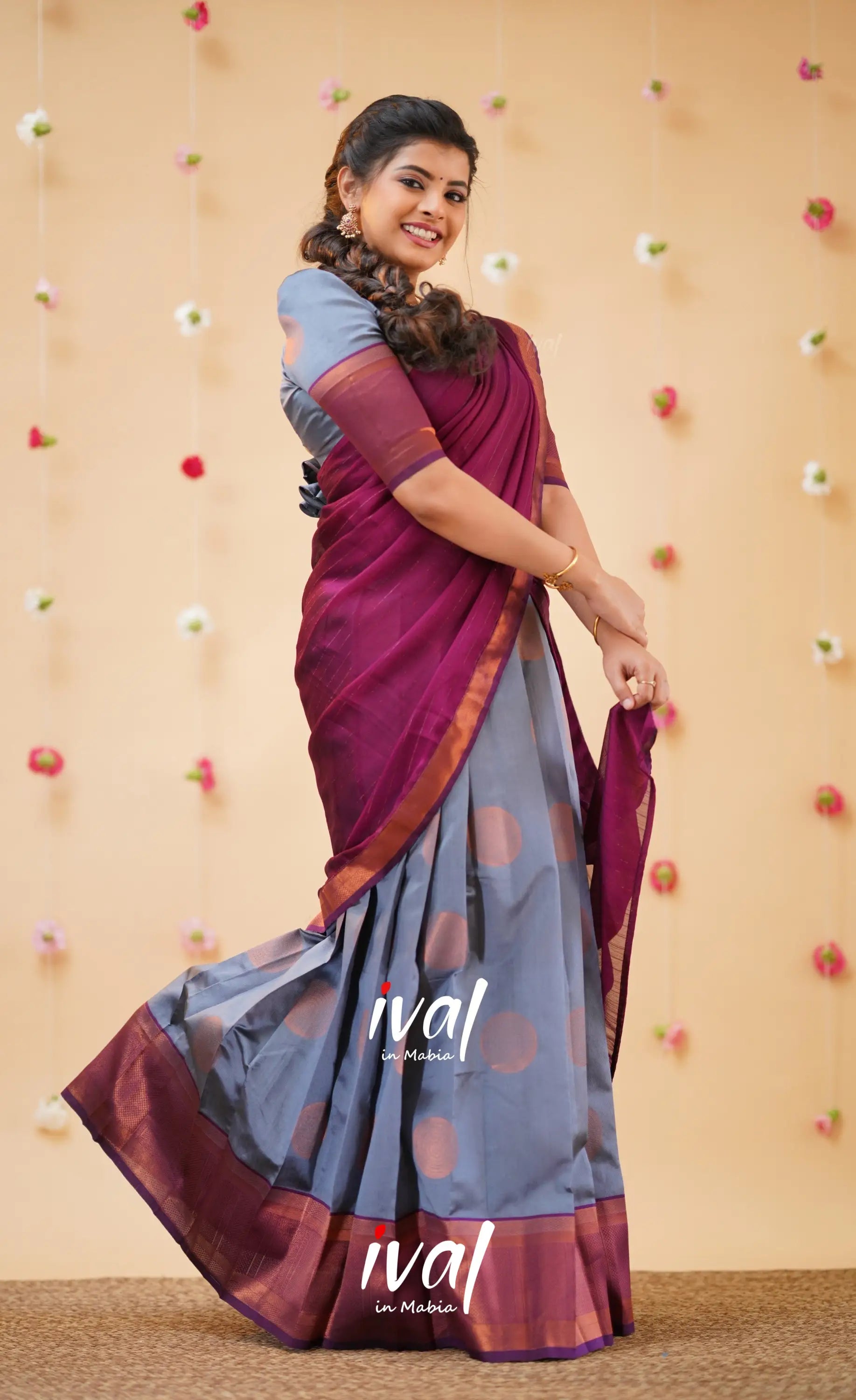 Padmakshi Ash and Magenta Blended Silk Halfsaree - Half Sarees