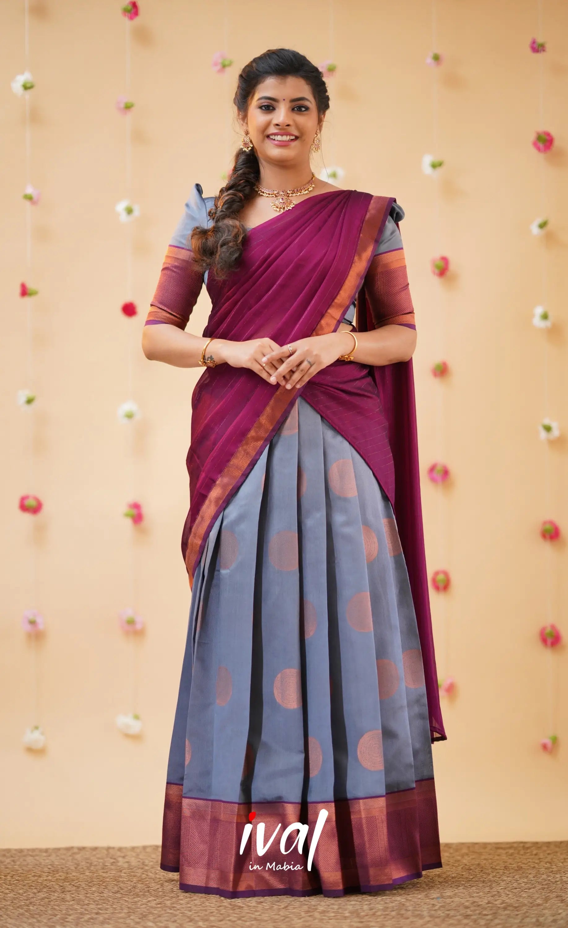 Padmakshi Ash and Magenta Blended Silk Halfsaree - Half Sarees