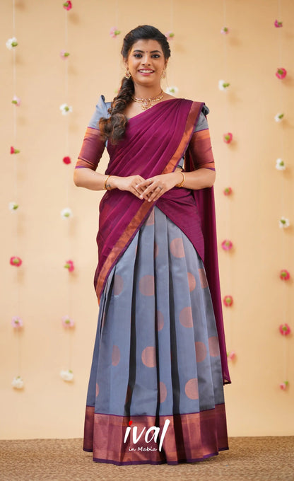 Padmakshi Ash and Magenta Blended Silk Halfsaree - Half Sarees