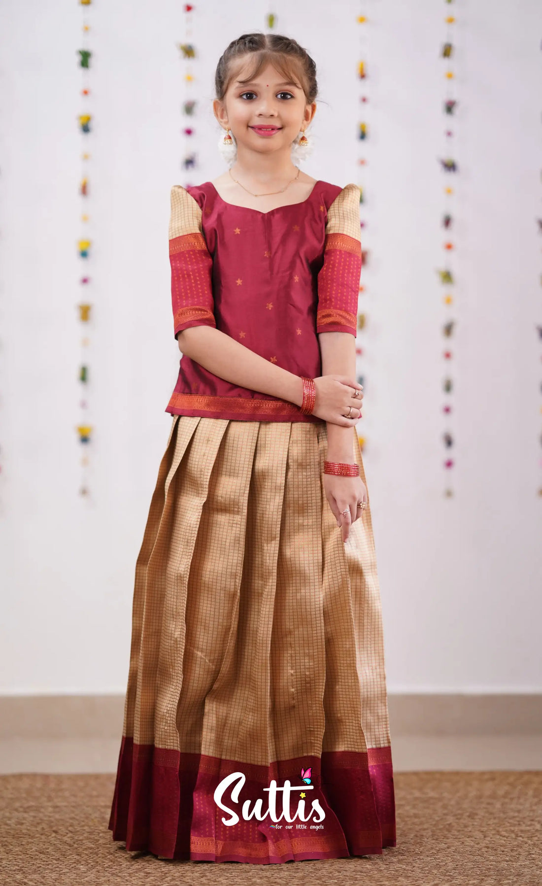 Padmakshi - Beige Shade And Reddish Maroon Tone Blended Silk Pavadai Sattai Kids-Suttis