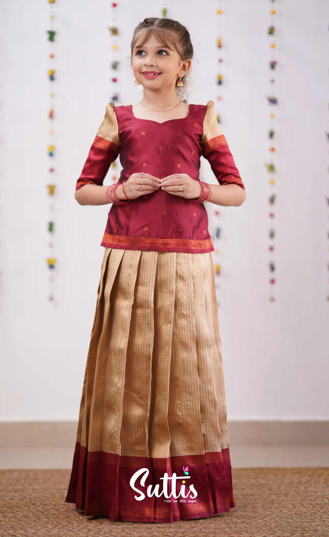 Padmakshi - Beige Shade And Reddish Maroon Tone Blended Silk Pavadai Sattai Kids-Suttis