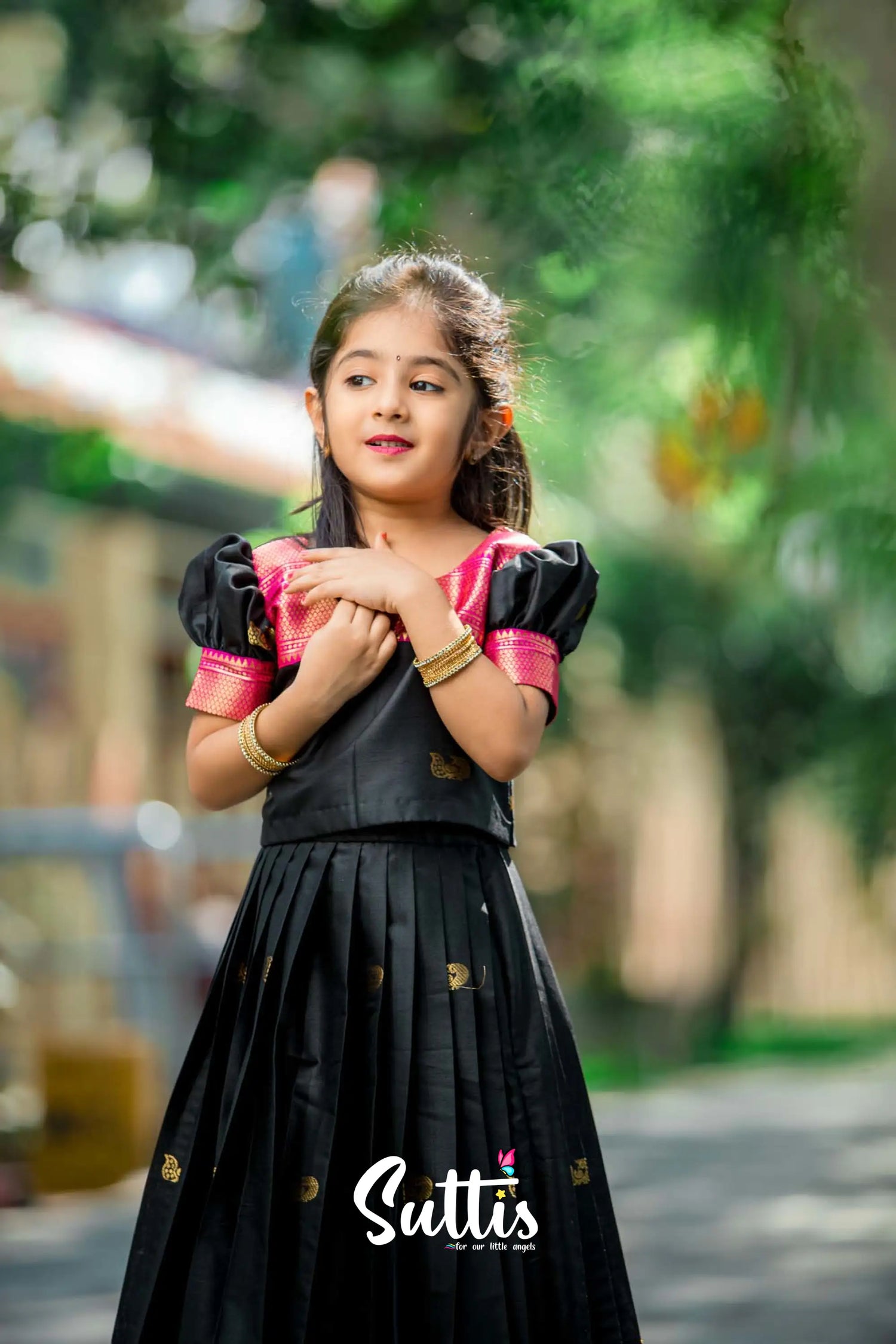 Padmakshi - Black And Pink Silk Pattu Pavadai Kids-Suttis