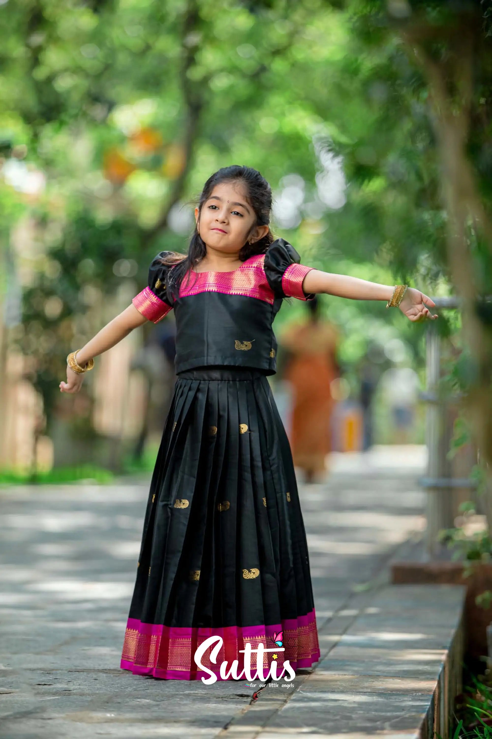 Padmakshi - Black And Pink Silk Pattu Pavadai Kids-Suttis