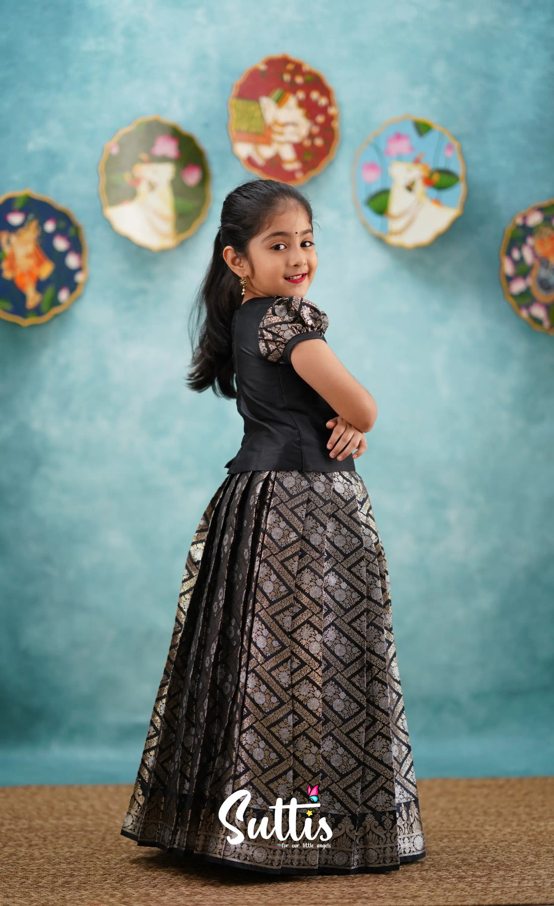 Padmakshi - Black Blended Silk Top And Skirt Kids-Suttis