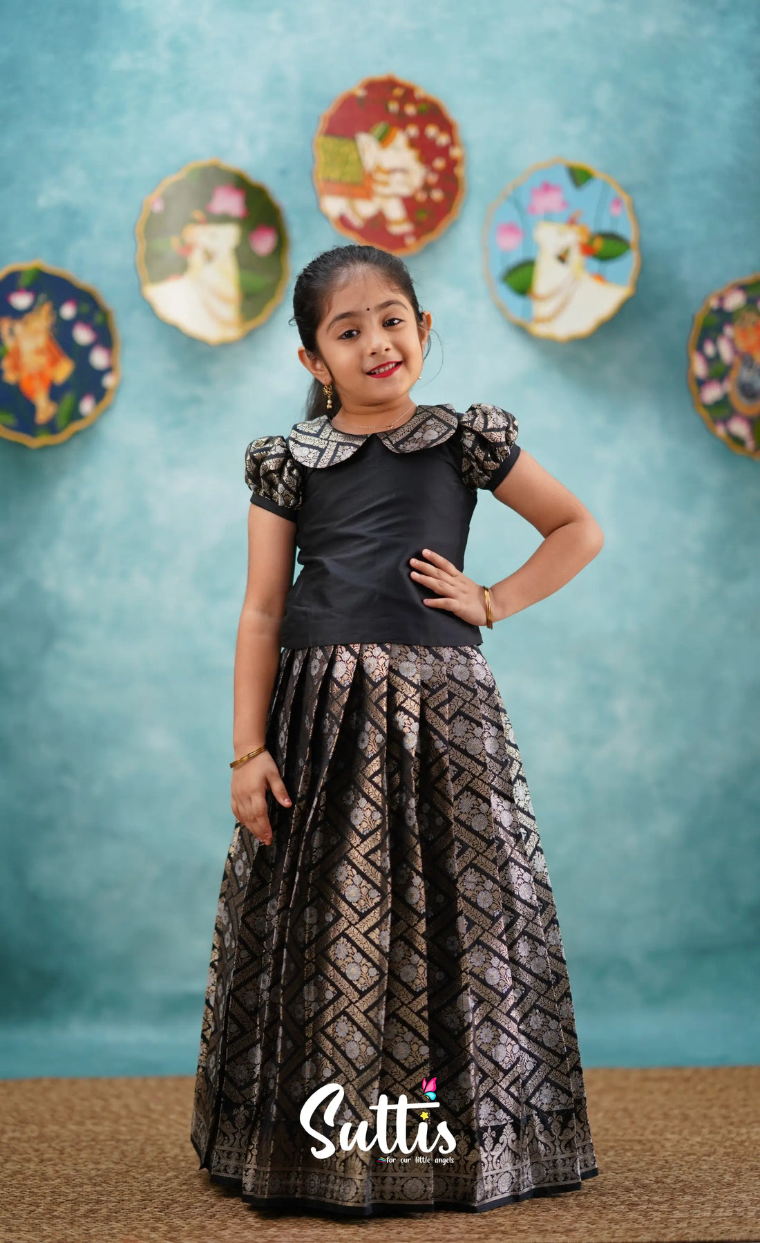 Padmakshi - Black Blended Silk Top And Skirt Kids-Suttis