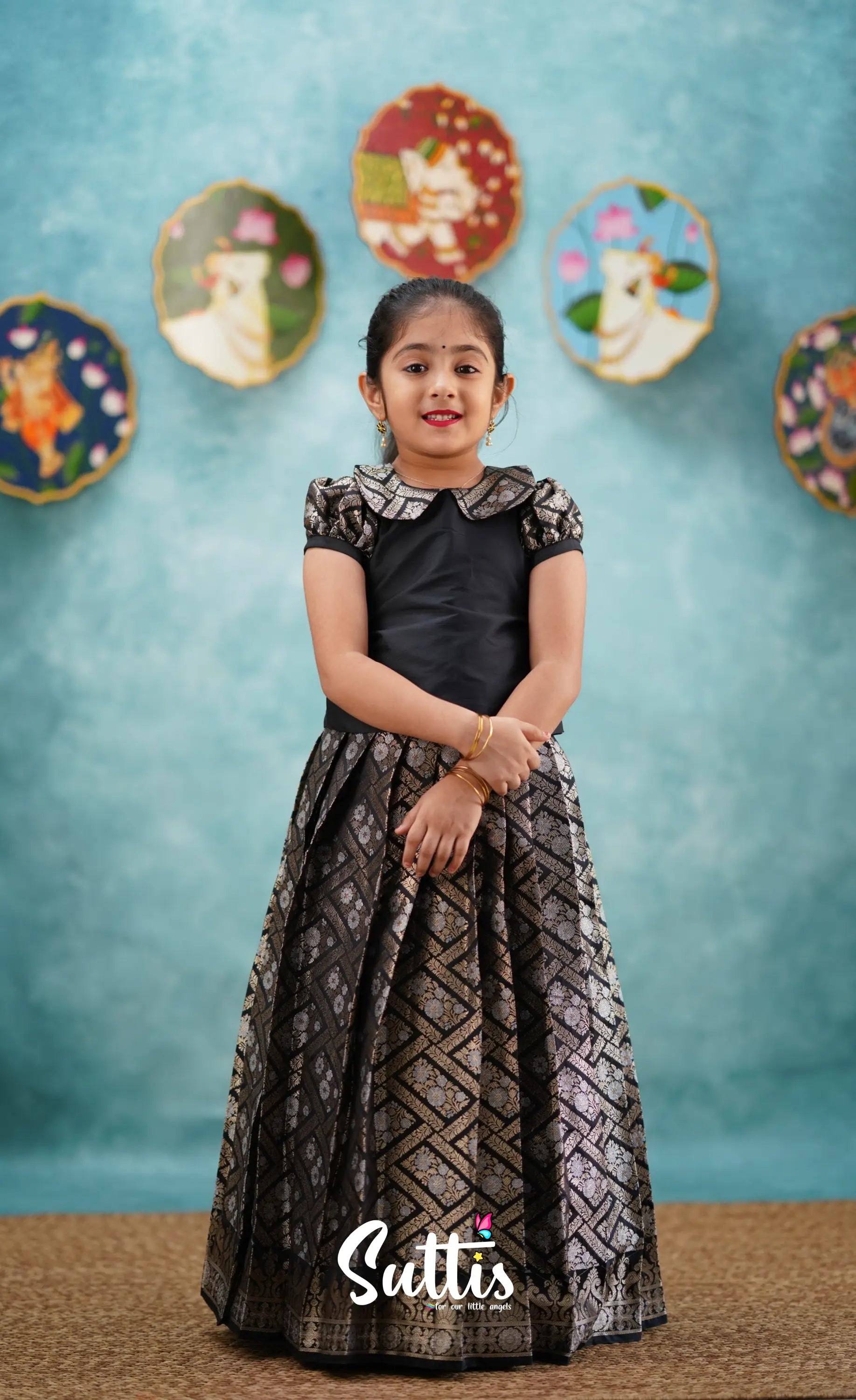 Padmakshi - Black Blended Silk Top And Skirt Kids-Suttis