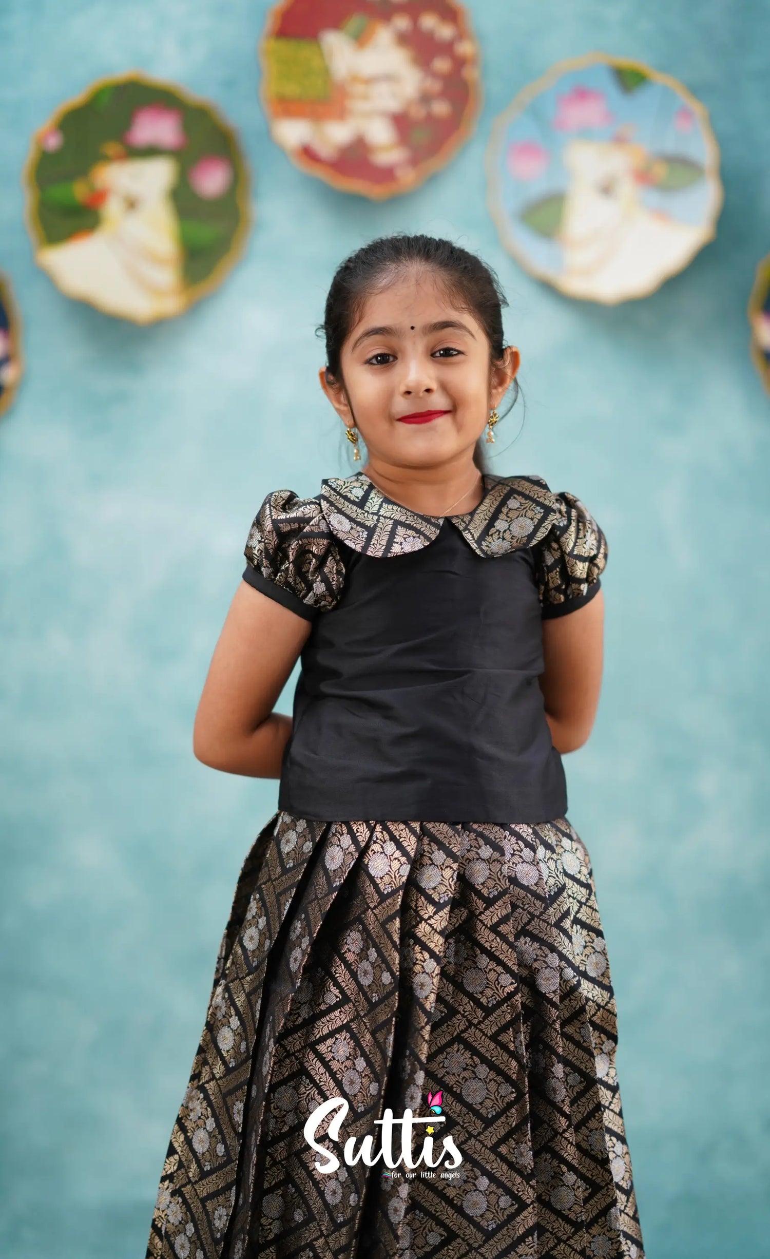 Padmakshi - Black Blended Silk Top And Skirt Kids-Suttis