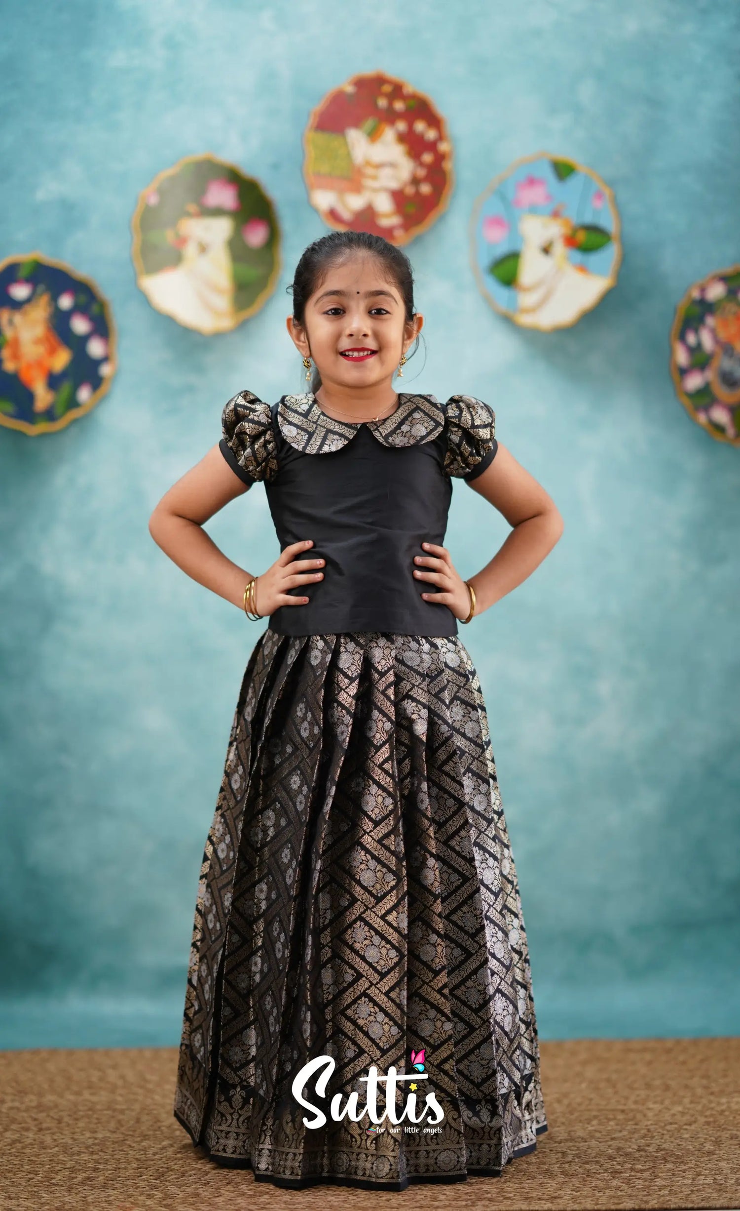 Padmakshi - Black Blended Silk Top And Skirt Kids-Suttis