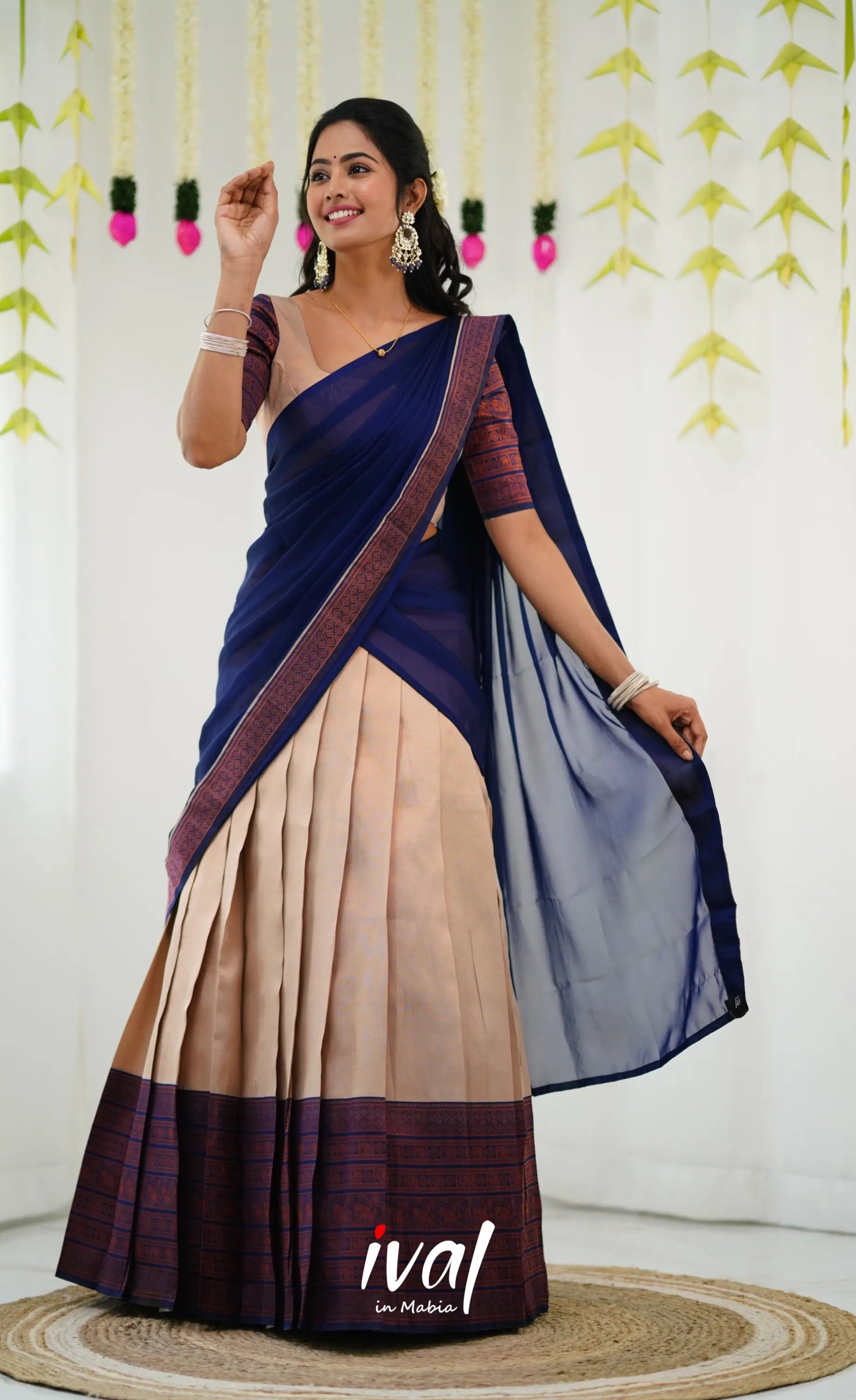 Padmakshi Blended Silk Half Saree - Cream And Royal Blue Sarees