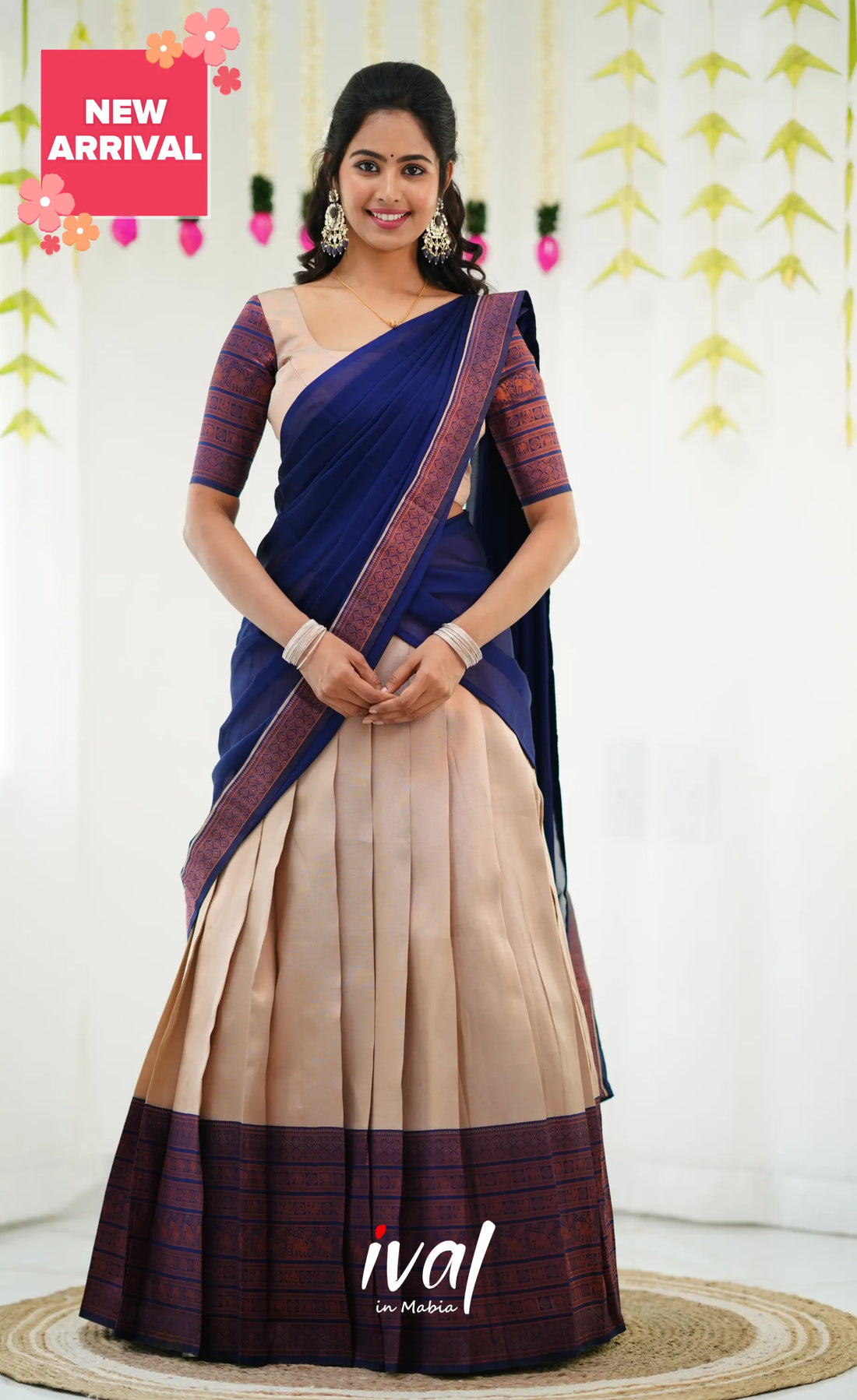 Padmakshi Blended Silk Half Saree - Cream And Royal Blue Sarees