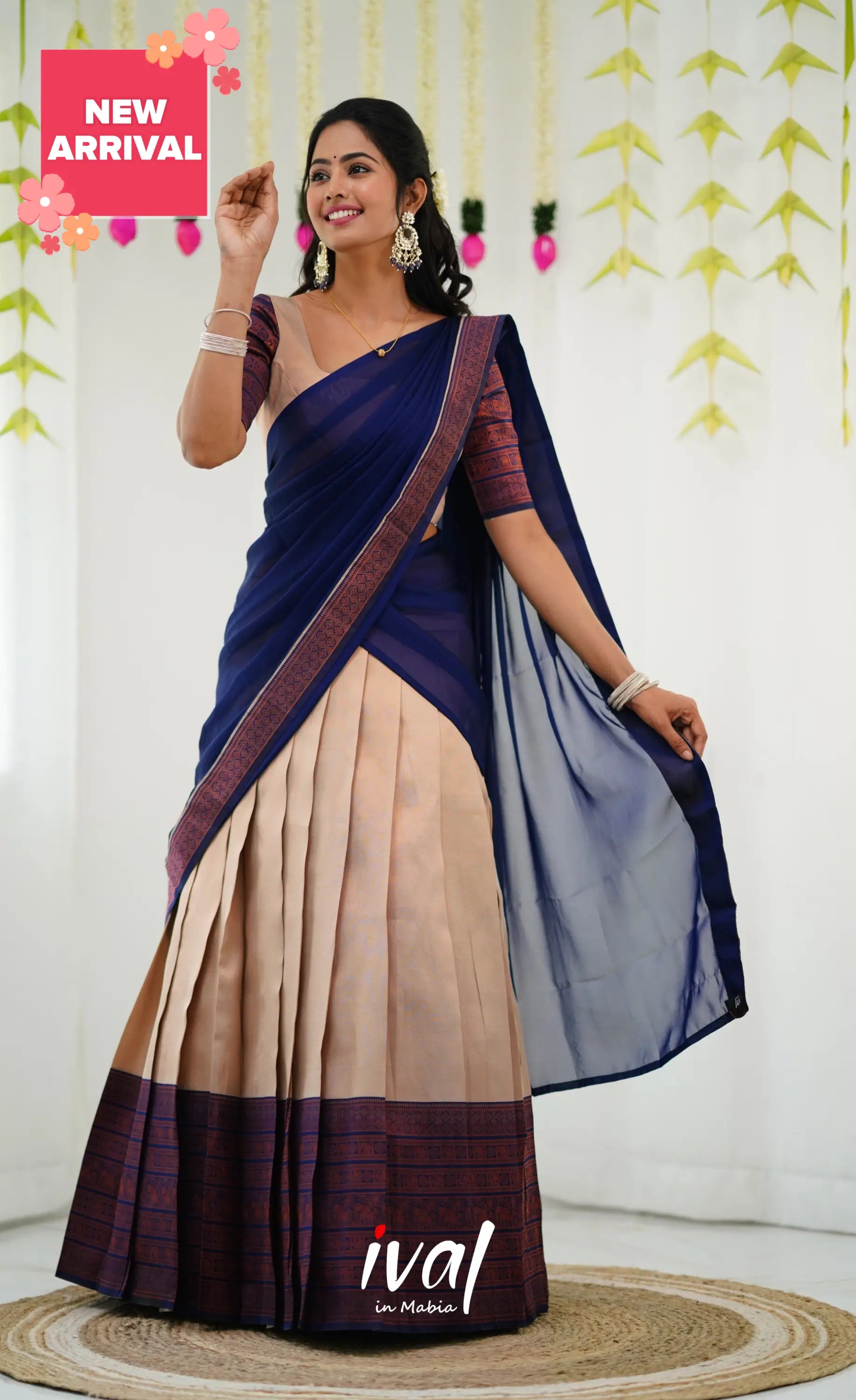 Padmakshi Blended Silk Half Saree - Cream And Royal Blue Sarees