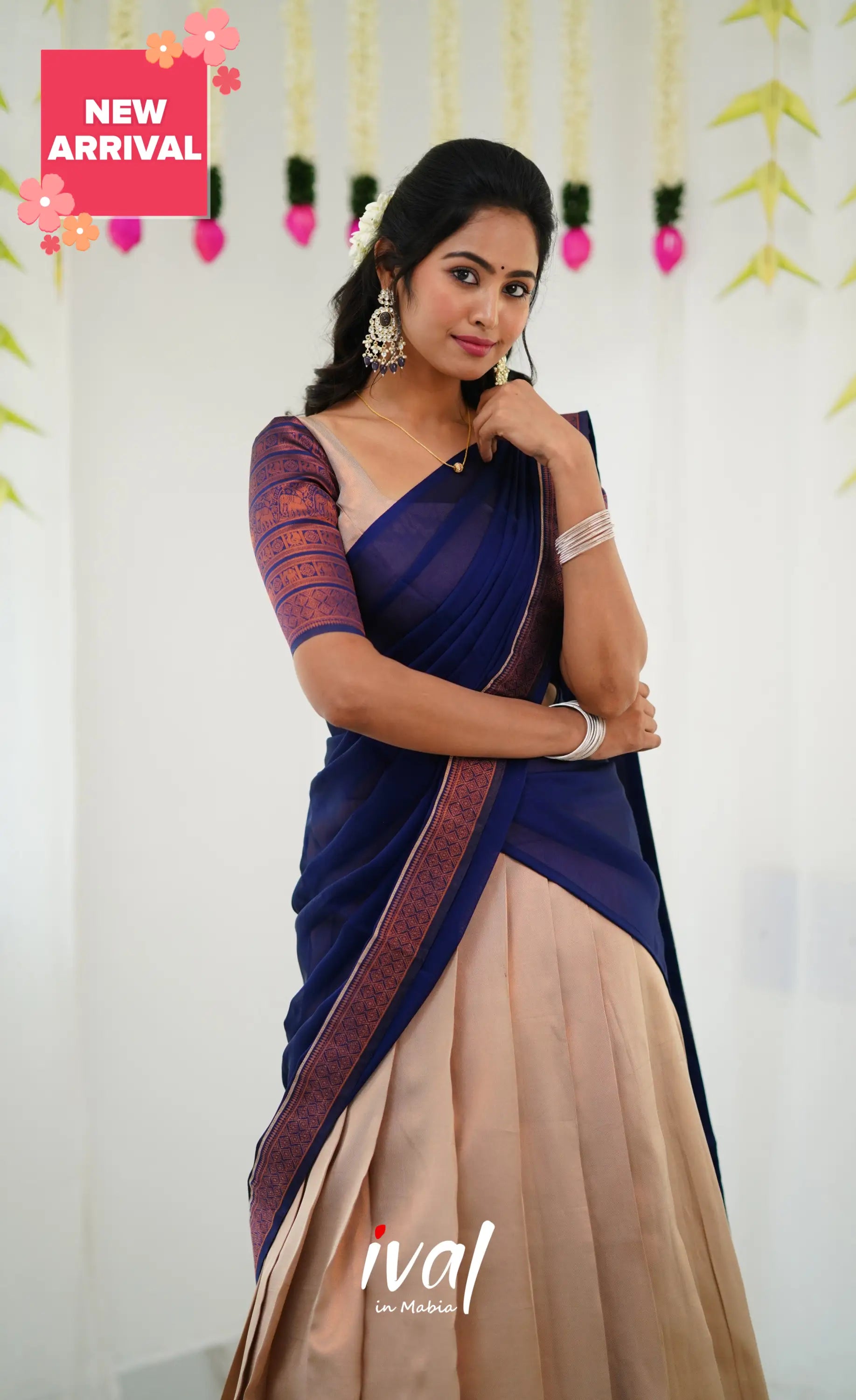 Padmakshi Blended Silk Half Saree - Cream And Royal Blue Sarees