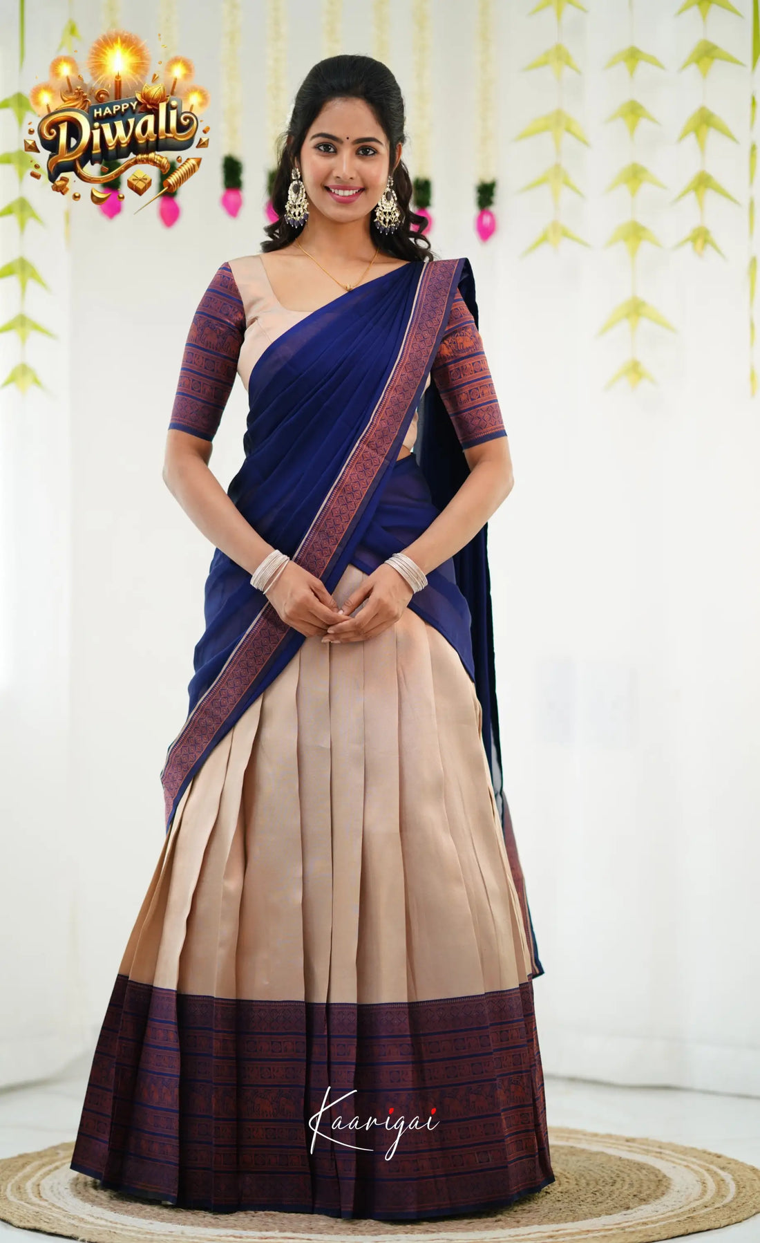 Padmakshi Blended Silk Half Saree - Cream And Royal Blue Sarees