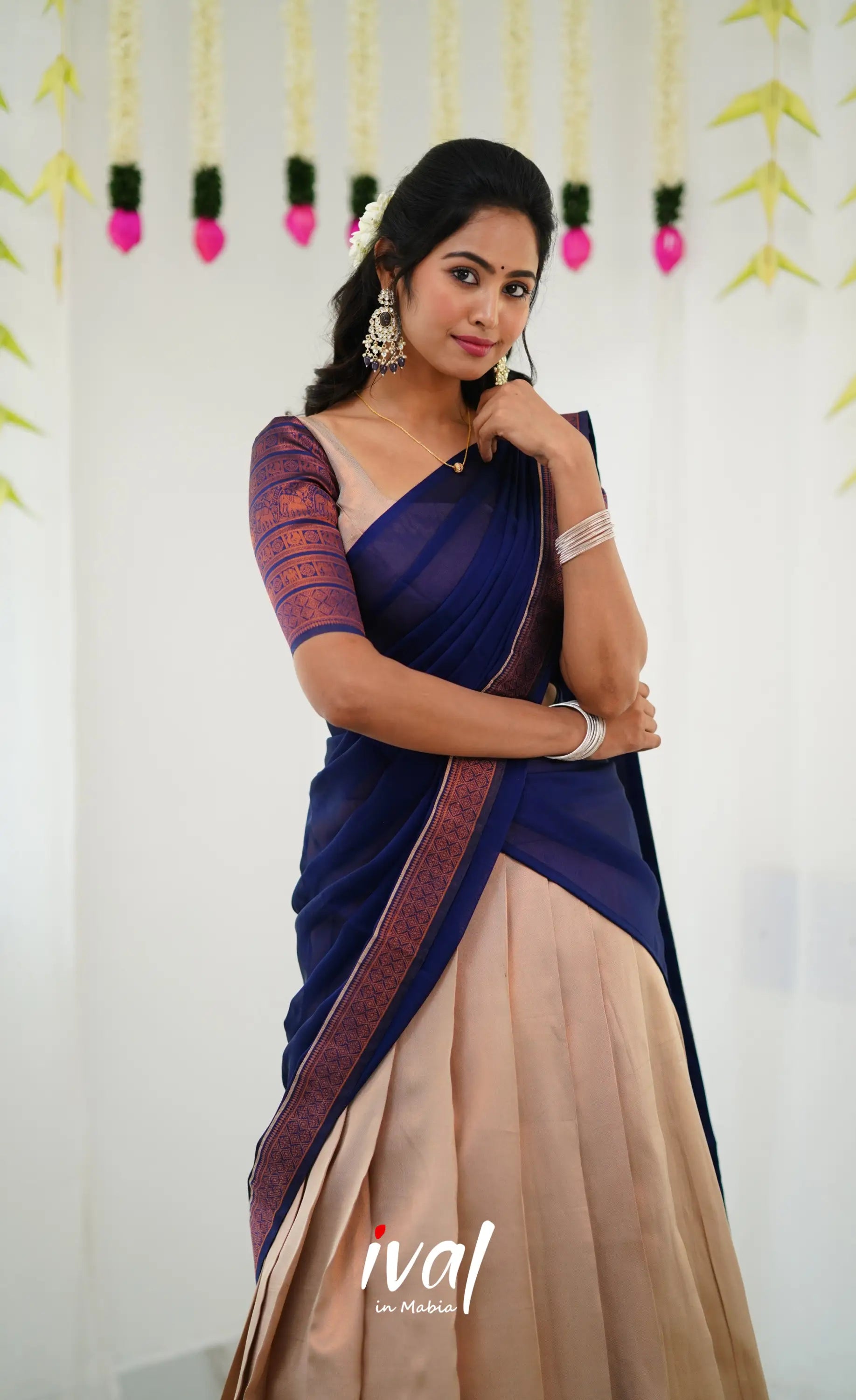 Padmakshi Blended Silk Half Saree - Cream And Royal Blue Sarees