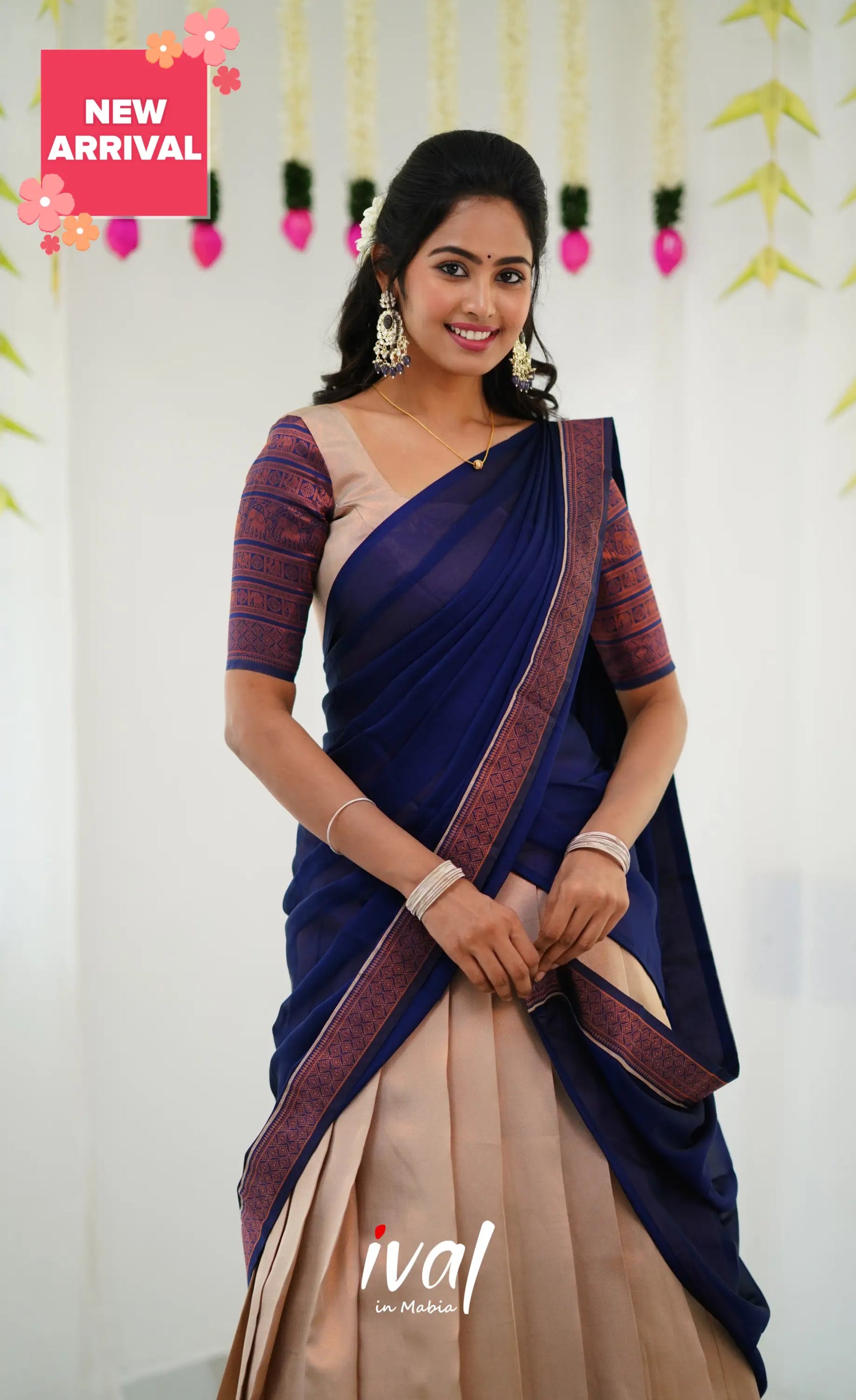 Padmakshi Blended Silk Half Saree - Cream And Royal Blue Sarees