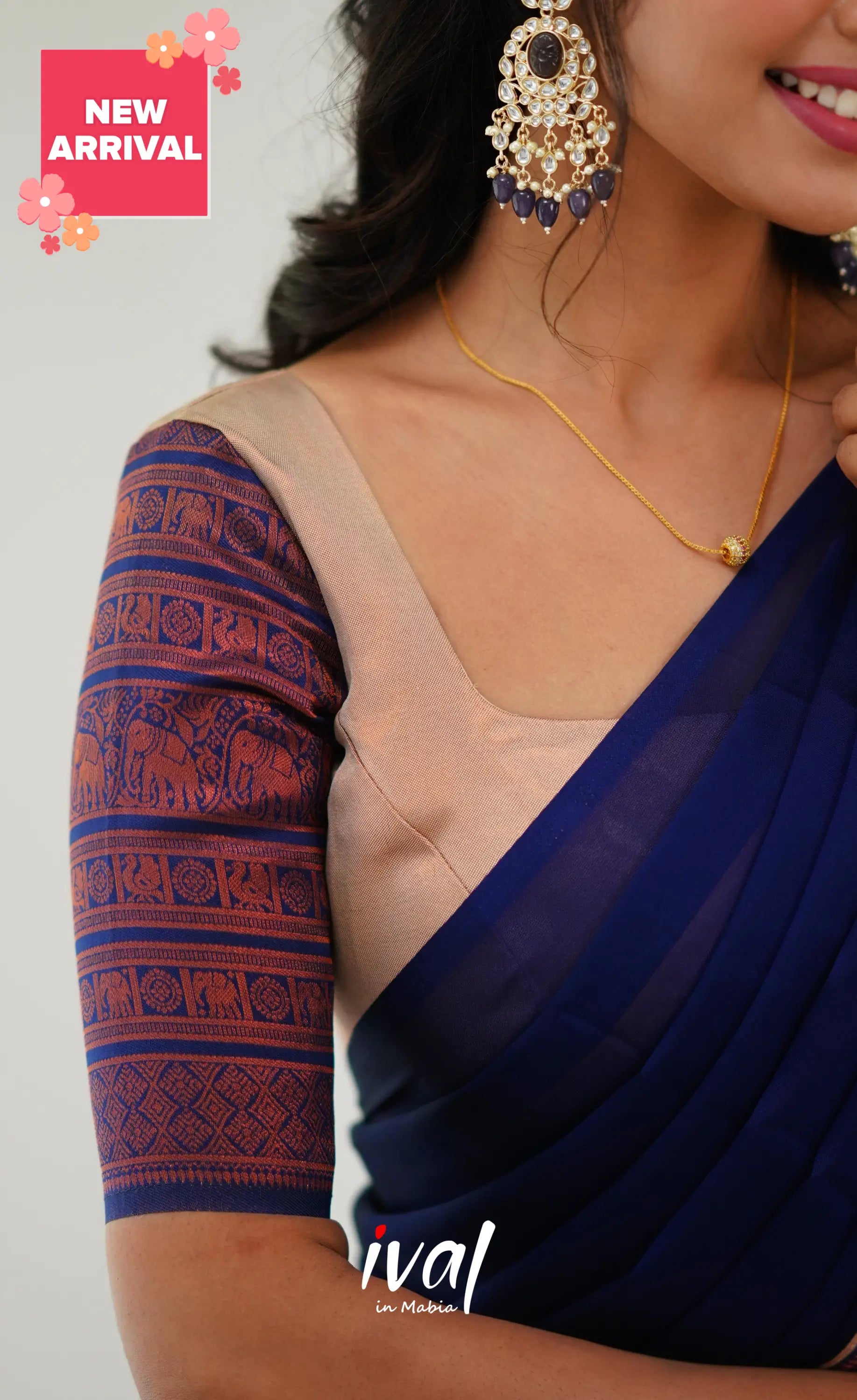 Padmakshi Blended Silk Half Saree - Cream And Royal Blue Sarees