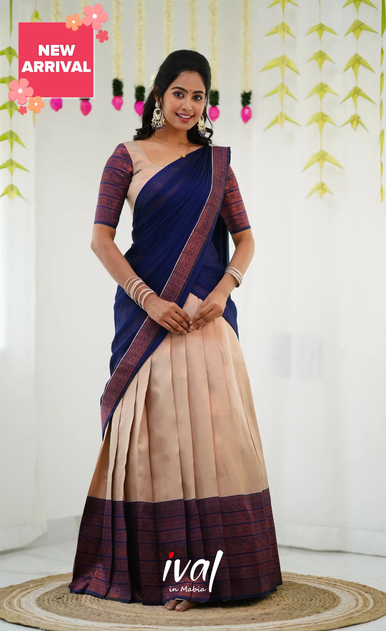 Padmakshi Blended Silk Half Saree - Cream And Royal Blue Sarees