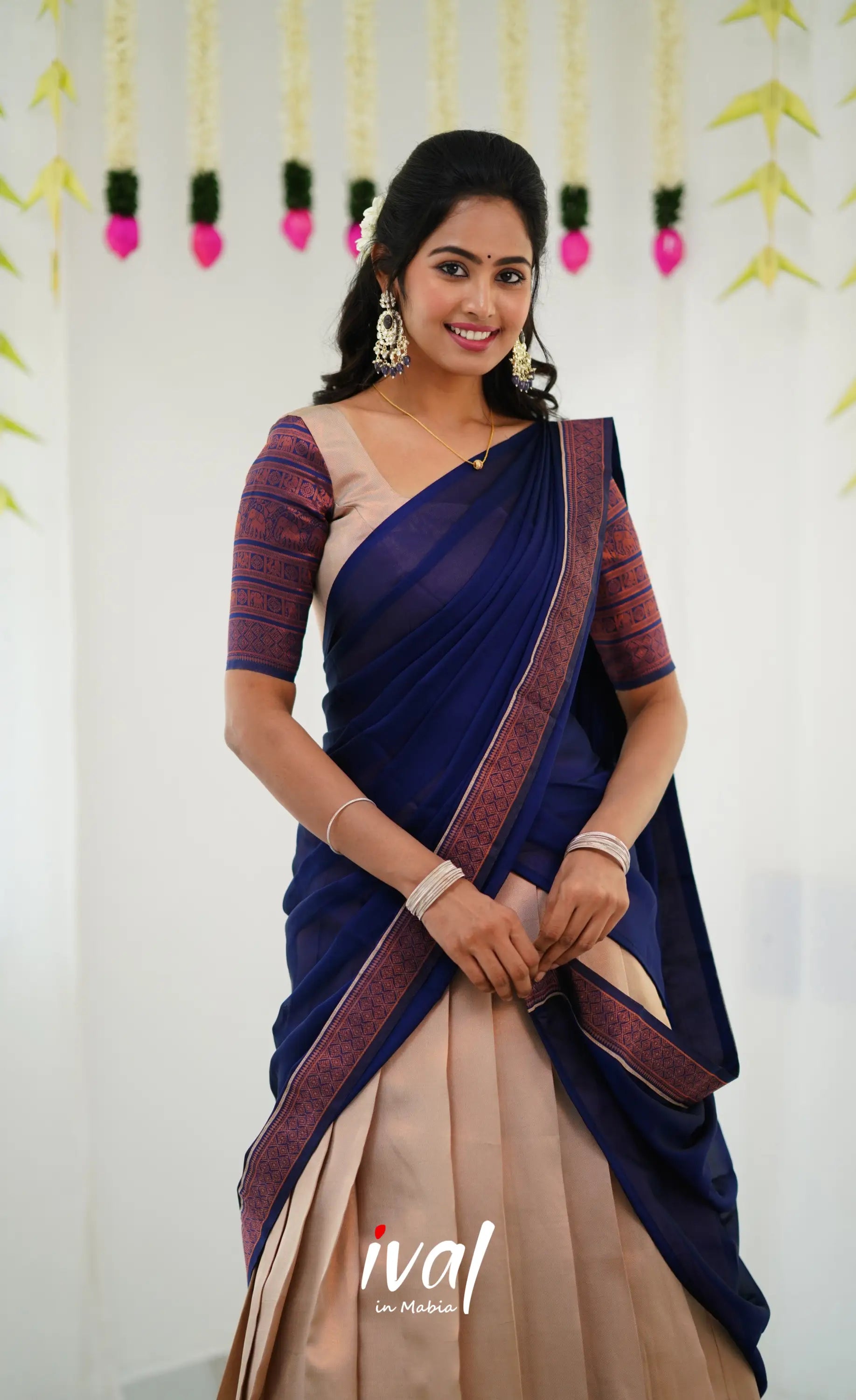 Padmakshi Blended Silk Half Saree - Cream And Royal Blue Sarees