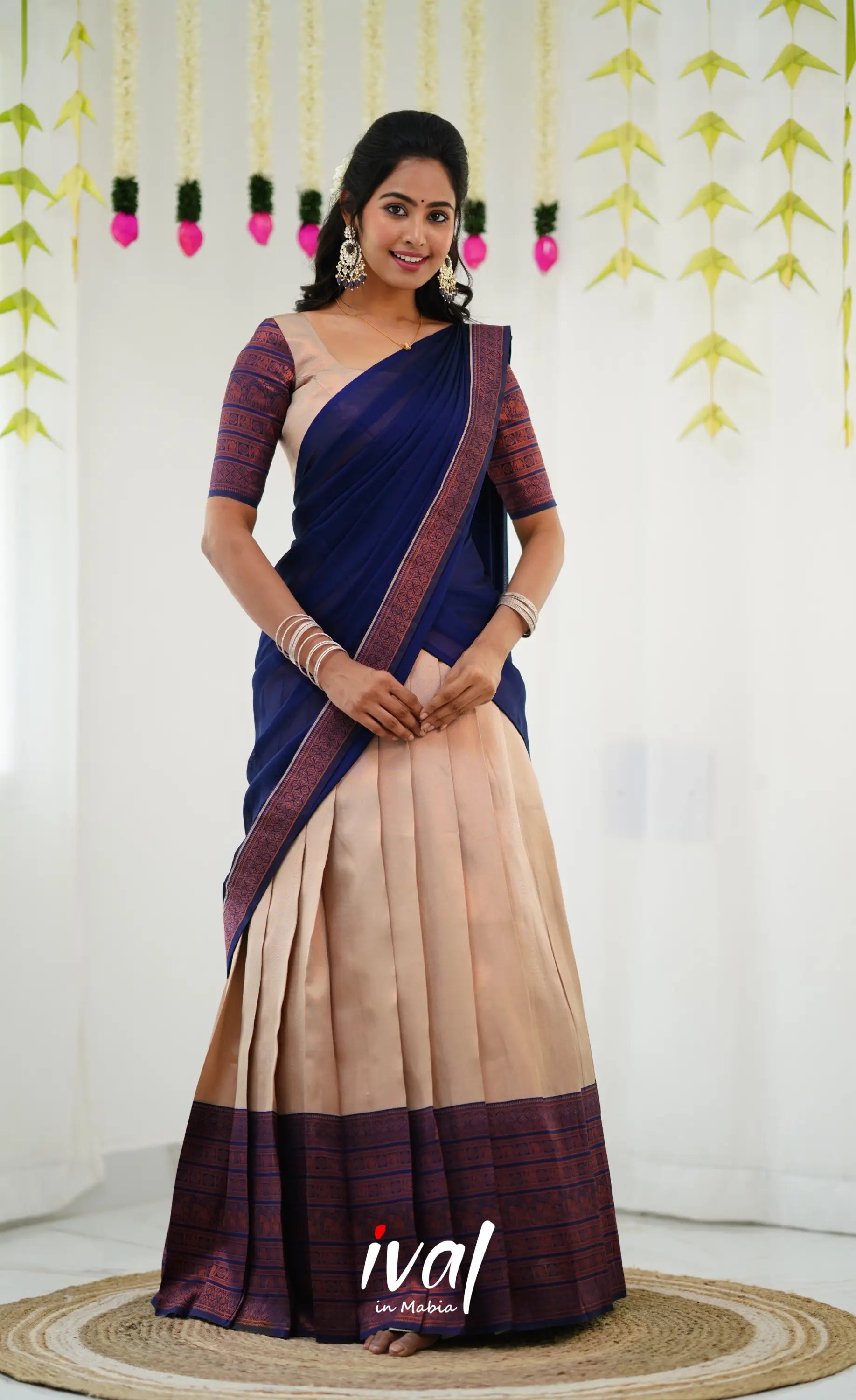 Padmakshi Blended Silk Half Saree - Cream And Royal Blue Sarees