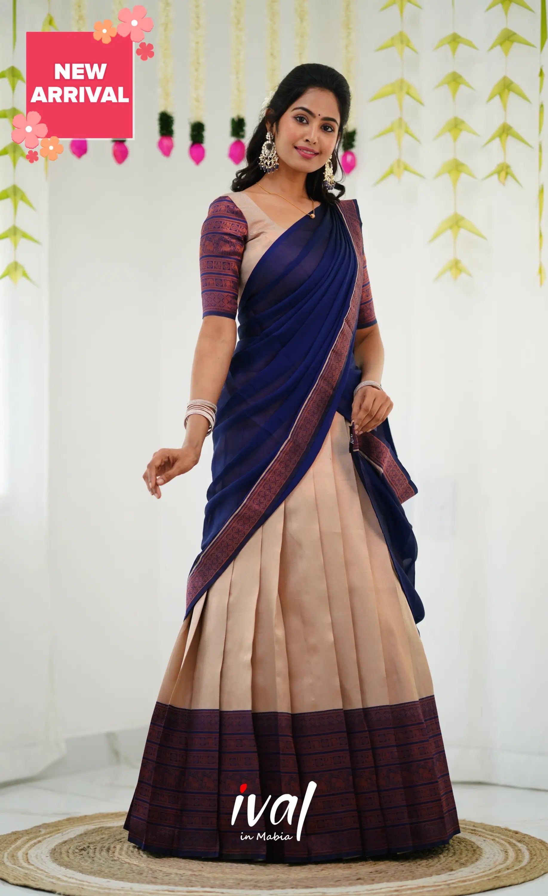 Padmakshi Blended Silk Half Saree - Cream And Royal Blue Sarees