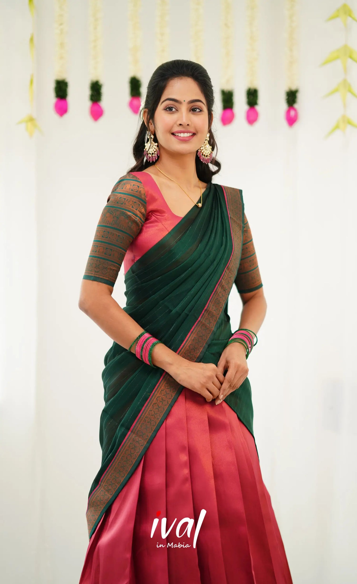 Padmakshi Blended Silk Half Saree - Dark Pink And Green Sarees