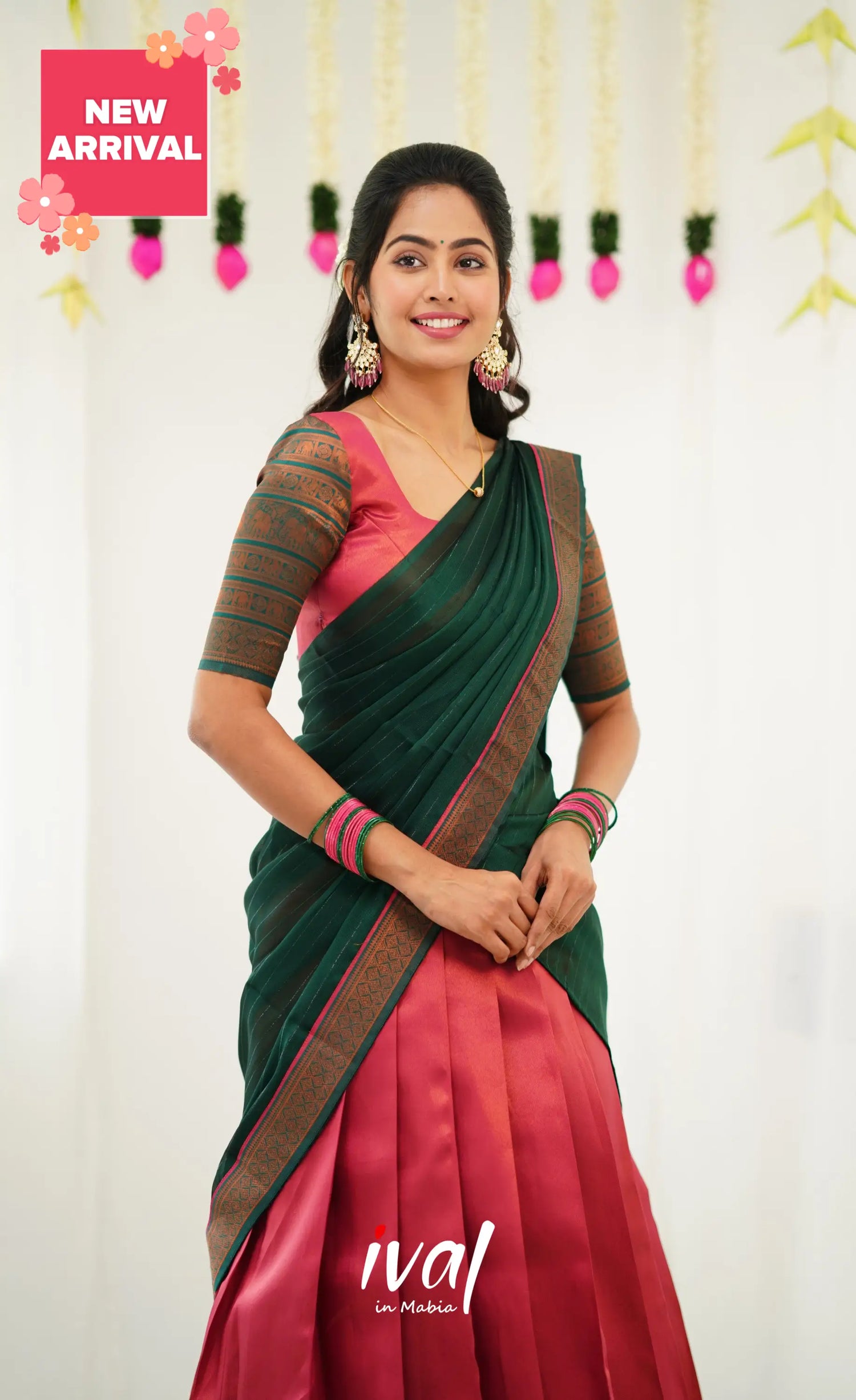 Padmakshi Blended Silk Half Saree - Dark Pink And Green Sarees