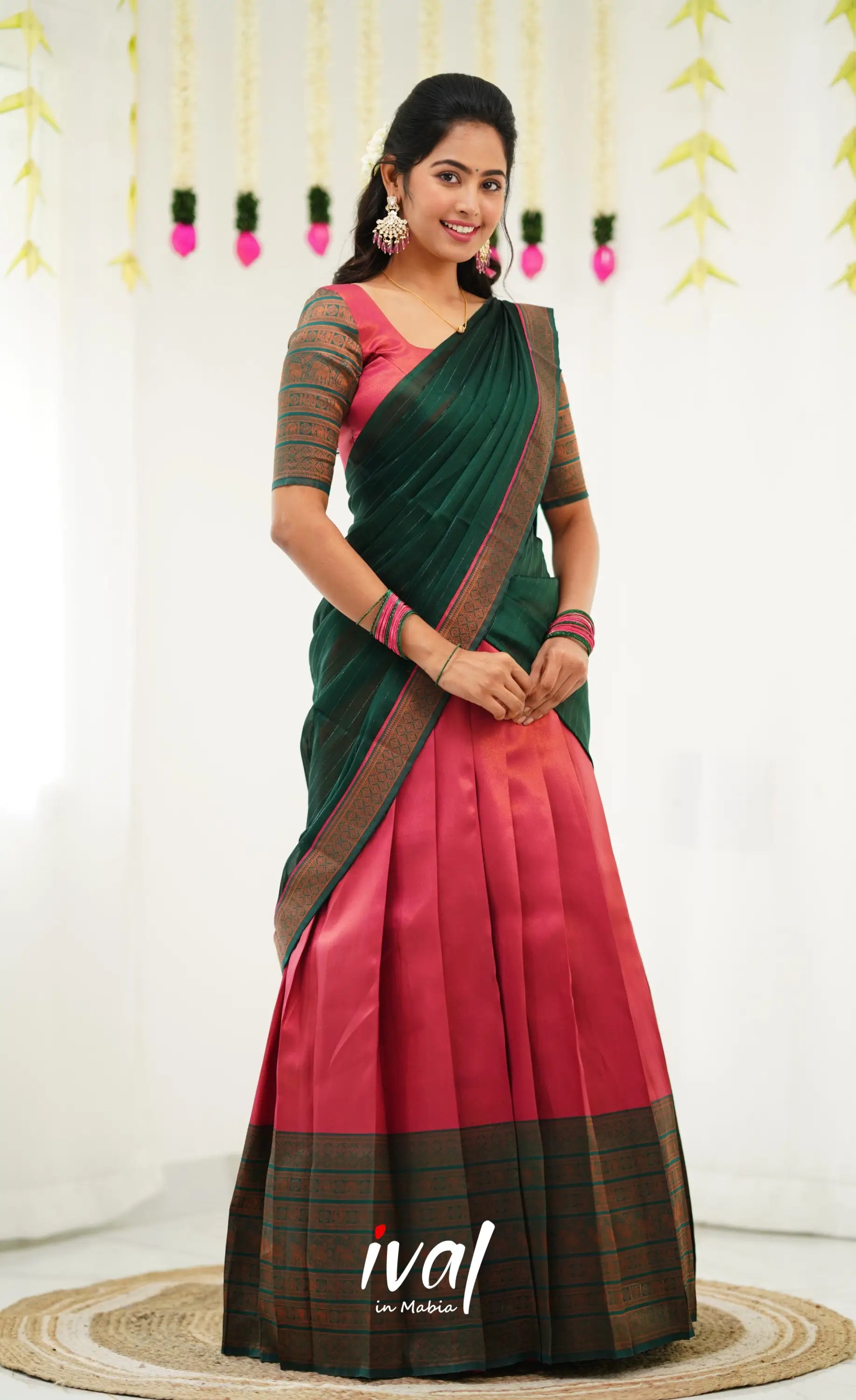 Padmakshi Blended Silk Half Saree - Dark Pink And Green Sarees