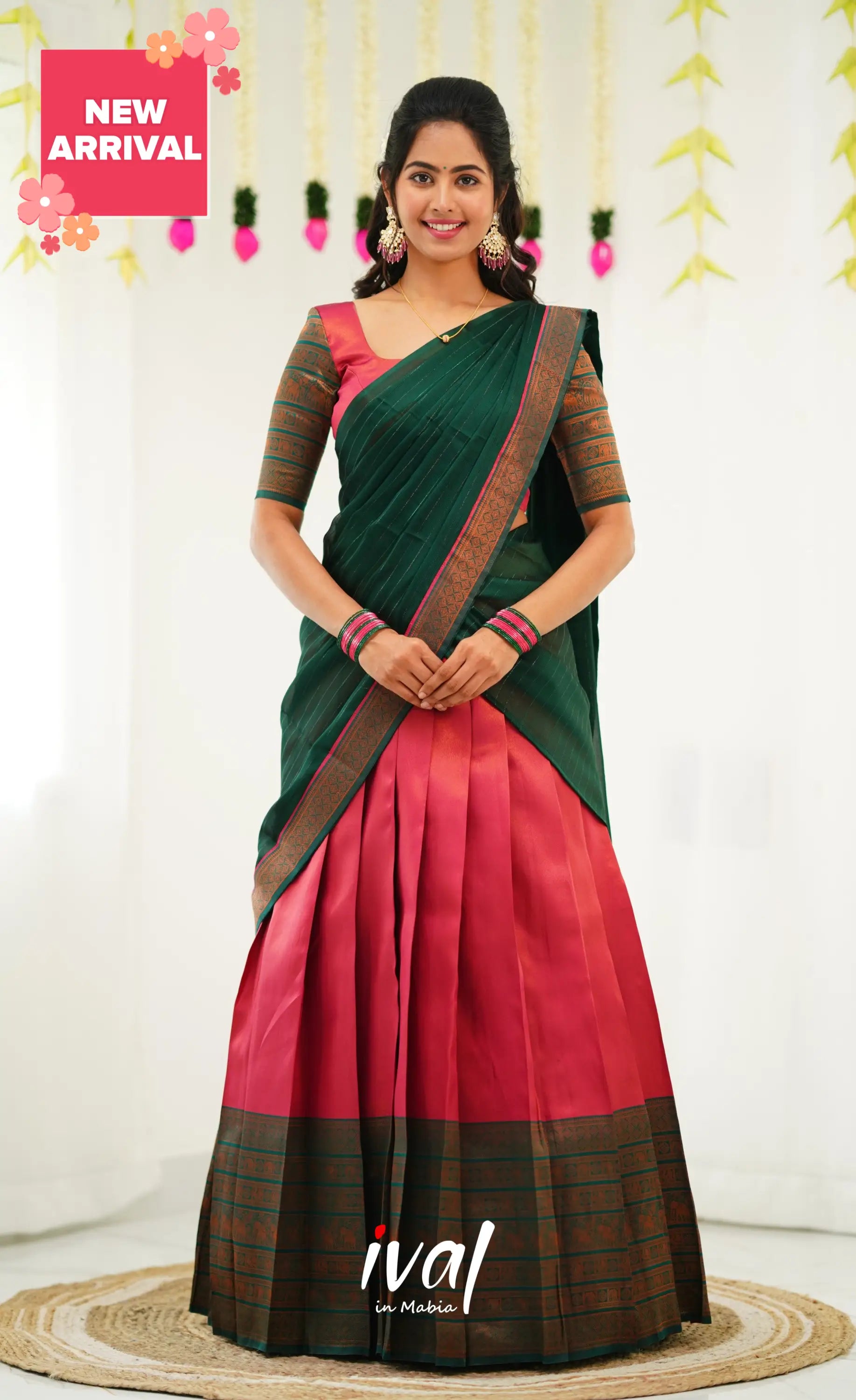 Padmakshi Blended Silk Half Saree - Dark Pink And Green Sarees