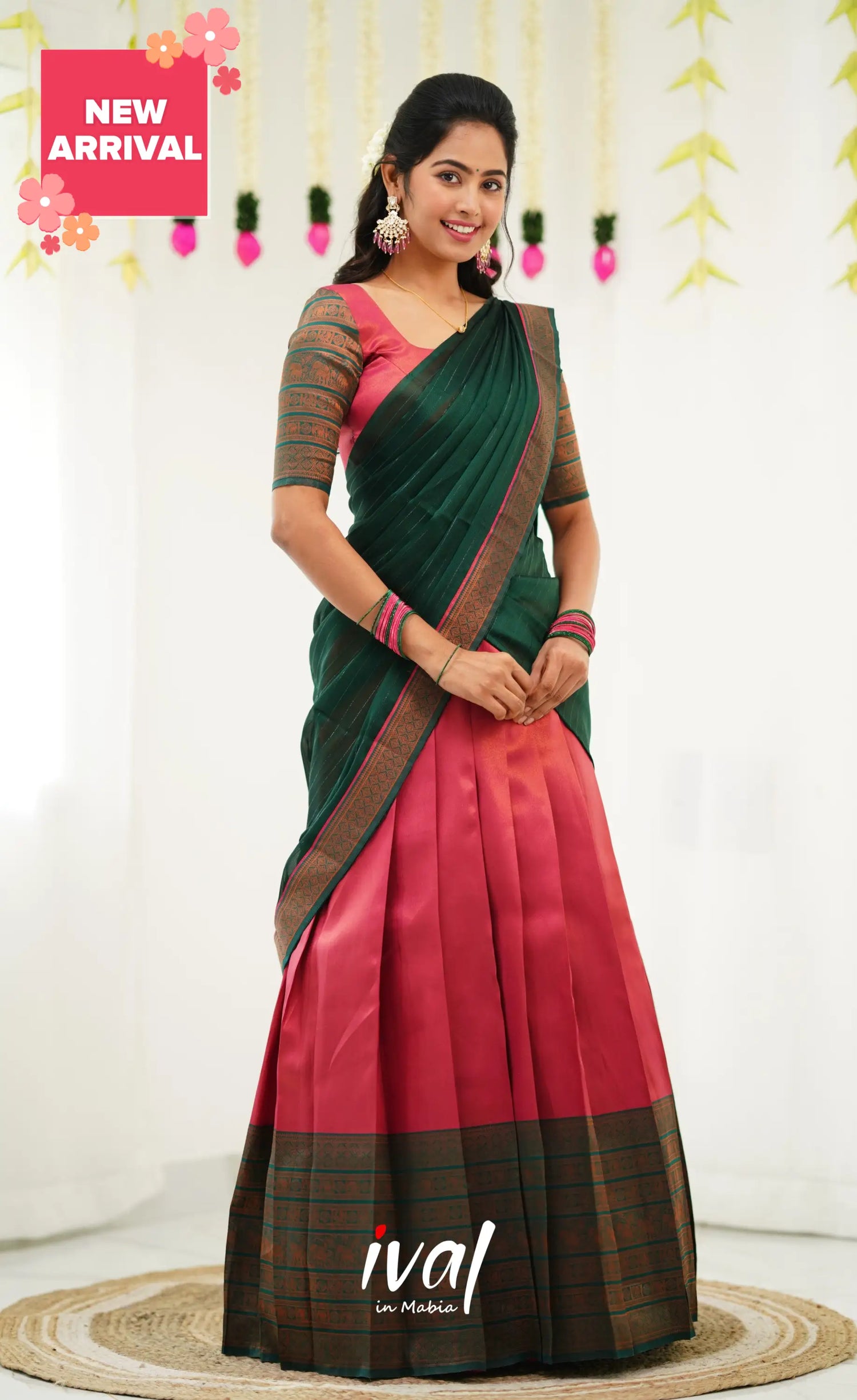 Padmakshi Blended Silk Half Saree - Dark Pink And Green Sarees