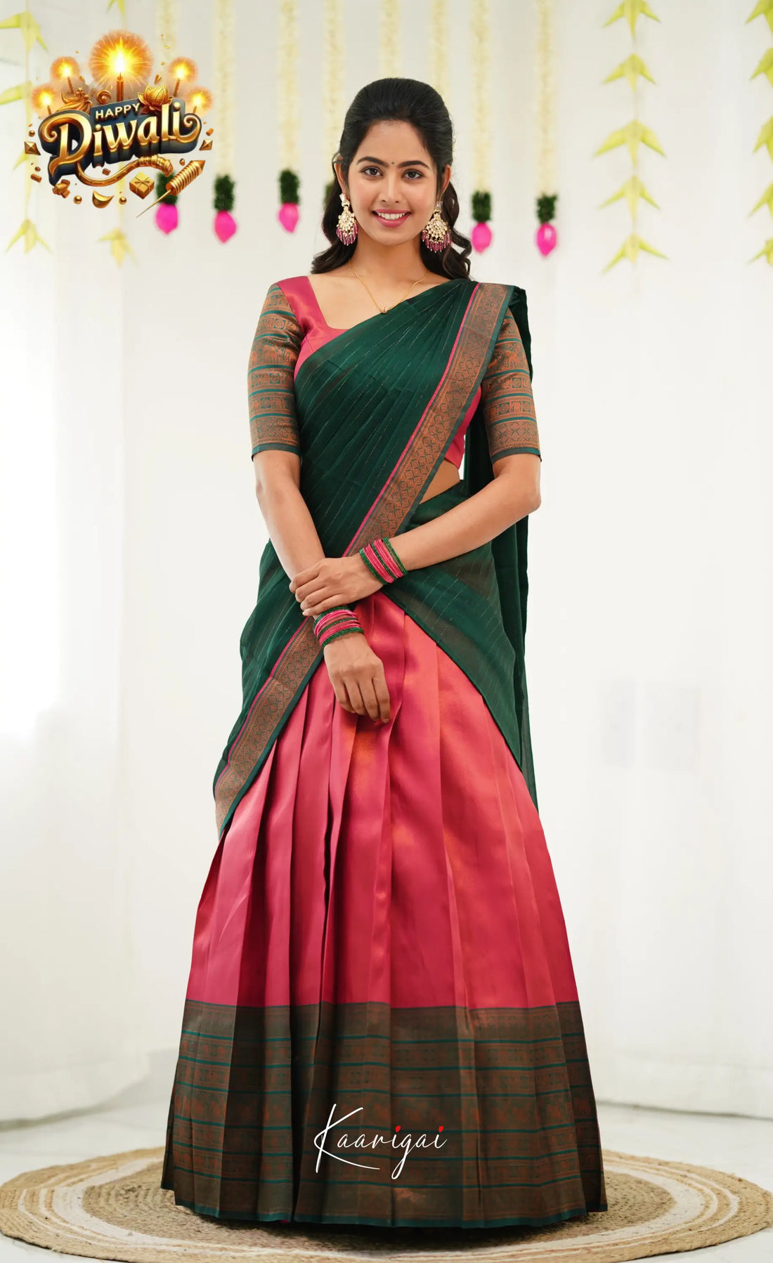 Padmakshi Blended Silk Half Saree - Dark Pink And Green Sarees