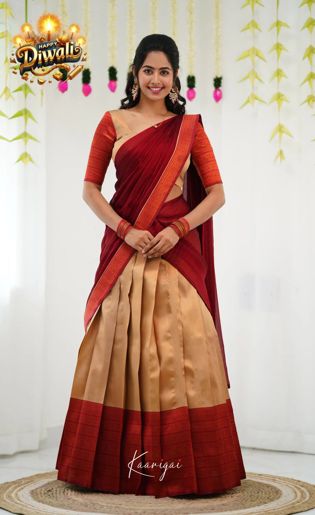 Padmakshi Blended Silk Half Saree - Golden Beiga And Reddish Maroon Sarees