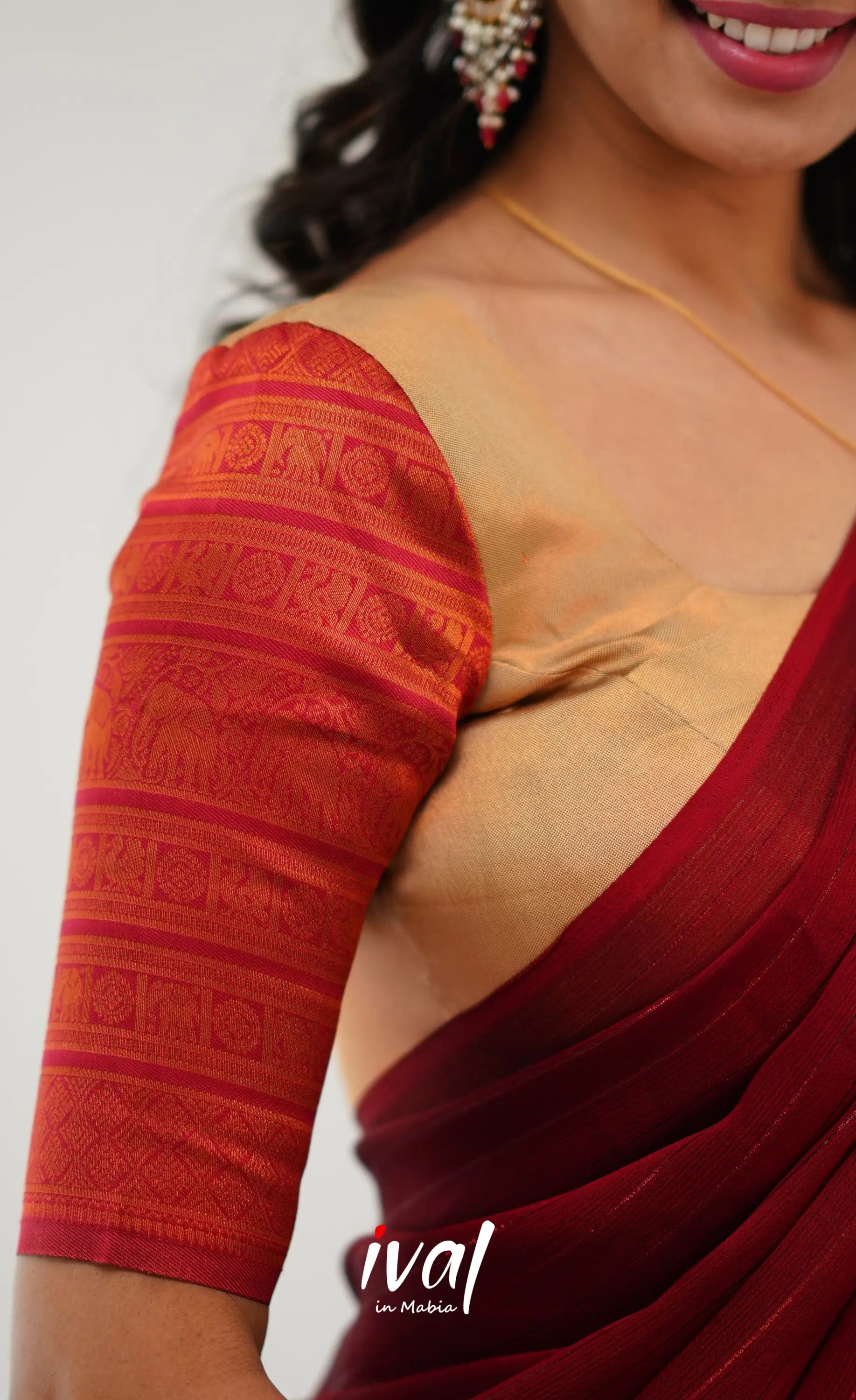 Padmakshi Blended Silk Half Saree - Golden Beiga And Reddish Maroon Sarees