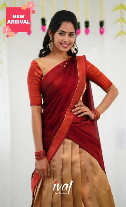 Padmakshi Blended Silk Half Saree - Golden Beiga And Reddish Maroon Sarees