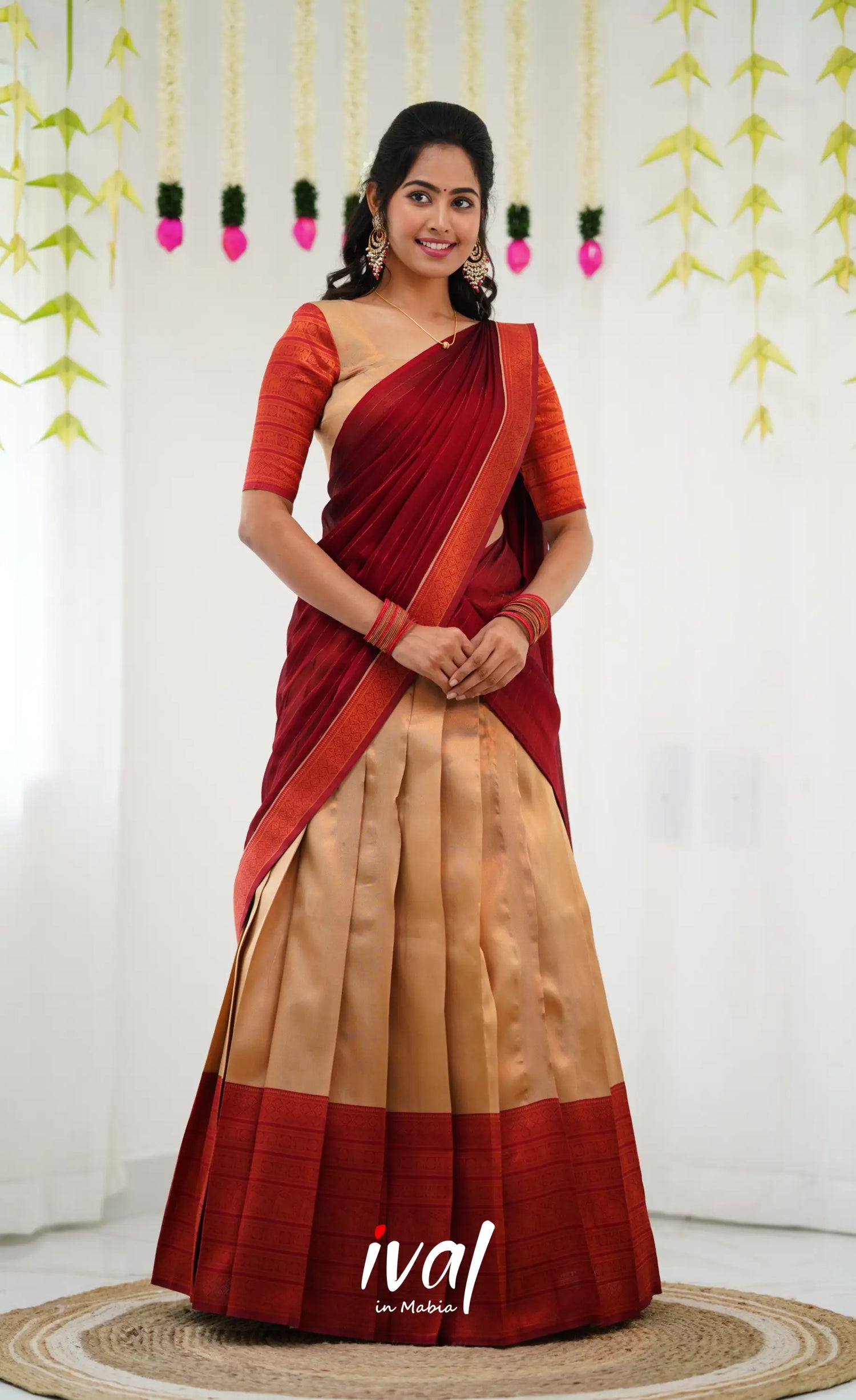 Padmakshi Blended Silk Half Saree - Golden Beiga And Reddish Maroon Sarees