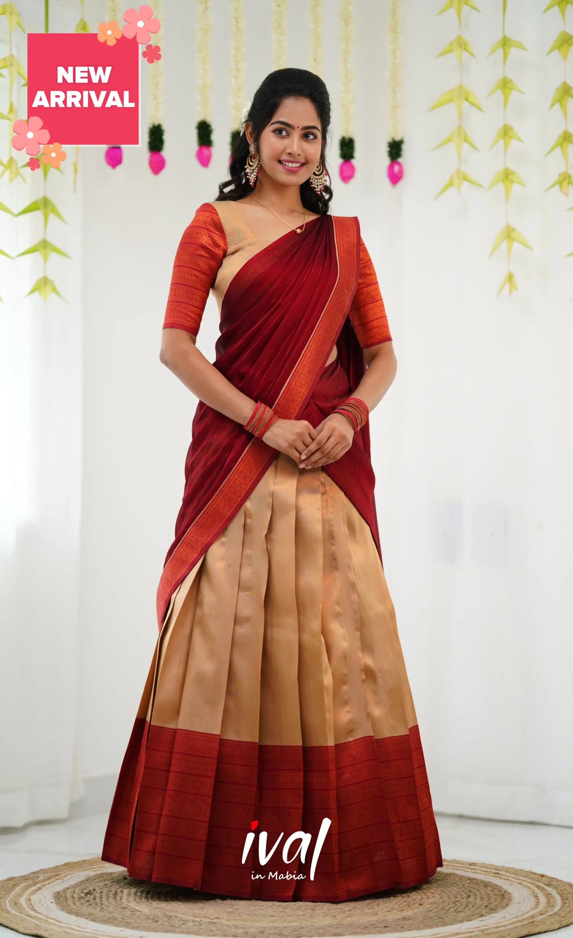 Padmakshi Blended Silk Half Saree - Golden Beiga And Reddish Maroon Sarees