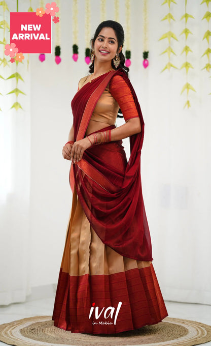 Padmakshi Blended Silk Half Saree - Golden Beiga And Reddish Maroon Sarees