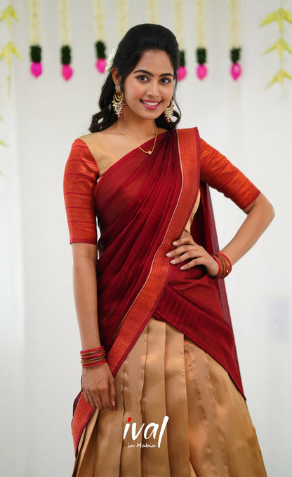 Padmakshi Blended Silk Half Saree - Golden Beiga And Reddish Maroon Sarees